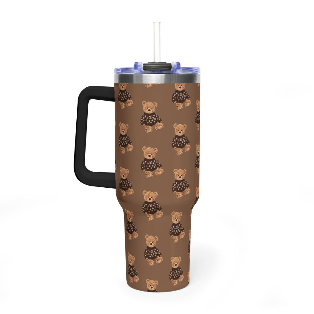 Brown tumbler with repeating teddy bear pattern and clear straw, stainless steel top