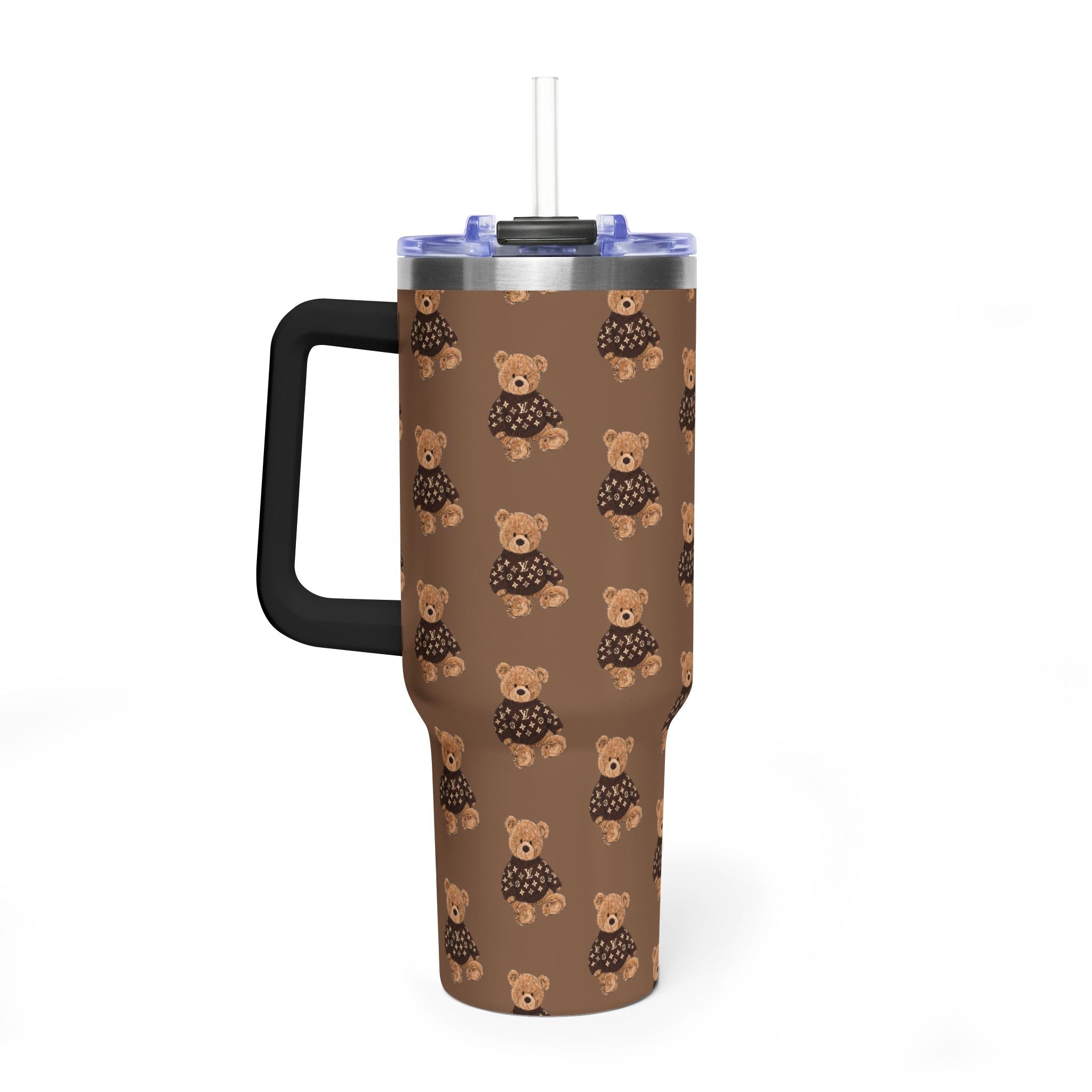 Brown tumbler with repeating teddy bear pattern and clear straw, stainless steel top