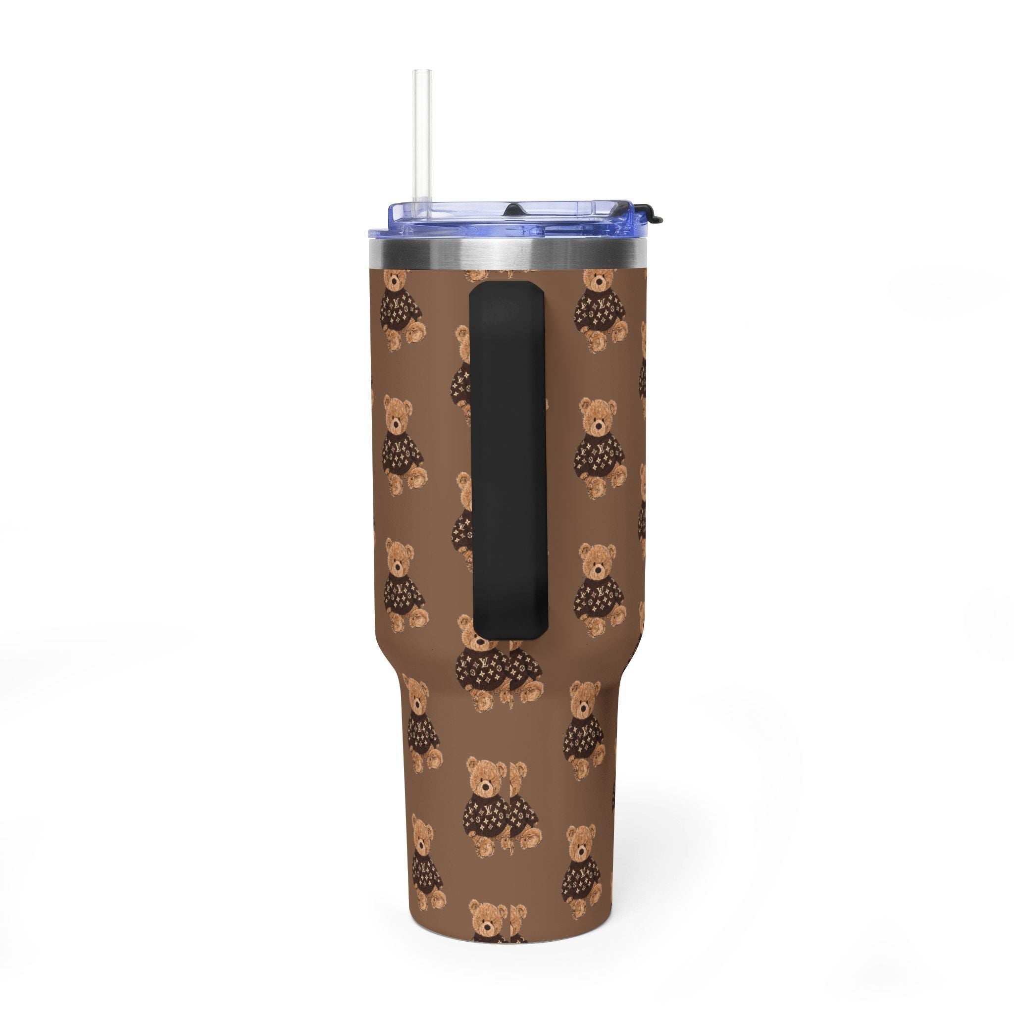 Brown 40 oz tumbler with teddy bear pattern, black flip-top opening, clear straw
