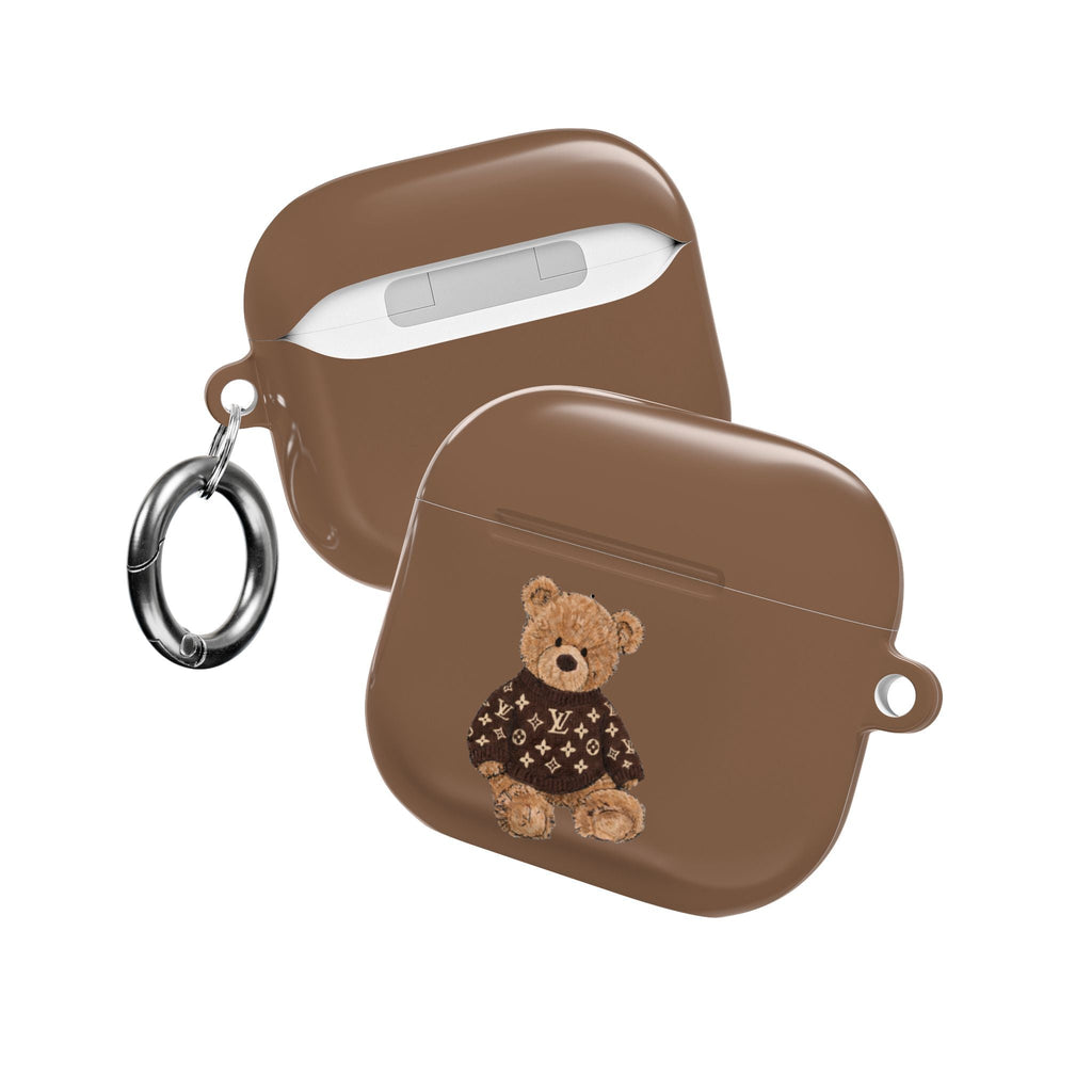 Brown earbud case with teddy bear applique and keyring loop on side