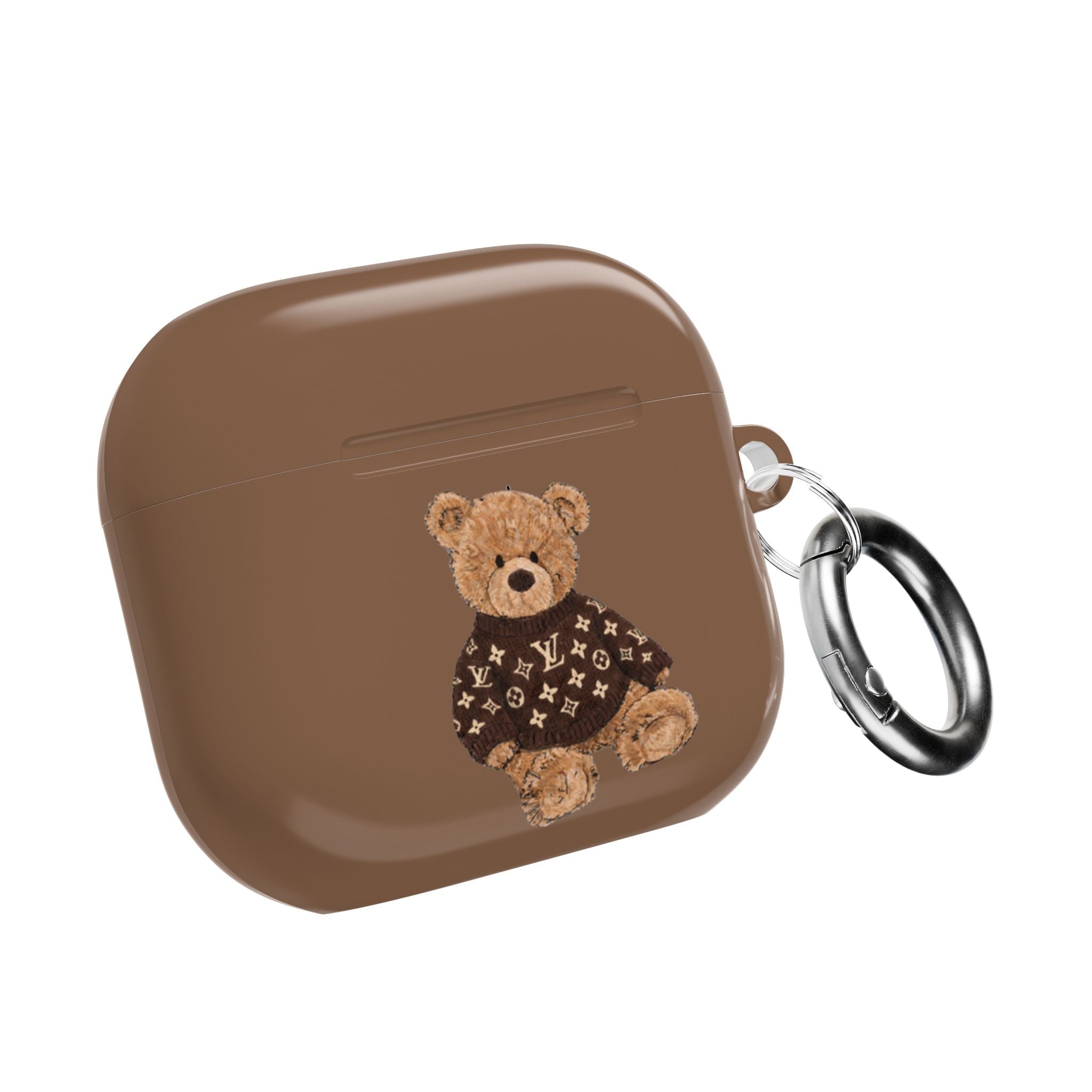 Brown earbud case front with teddy bear patch and silver metal keyring