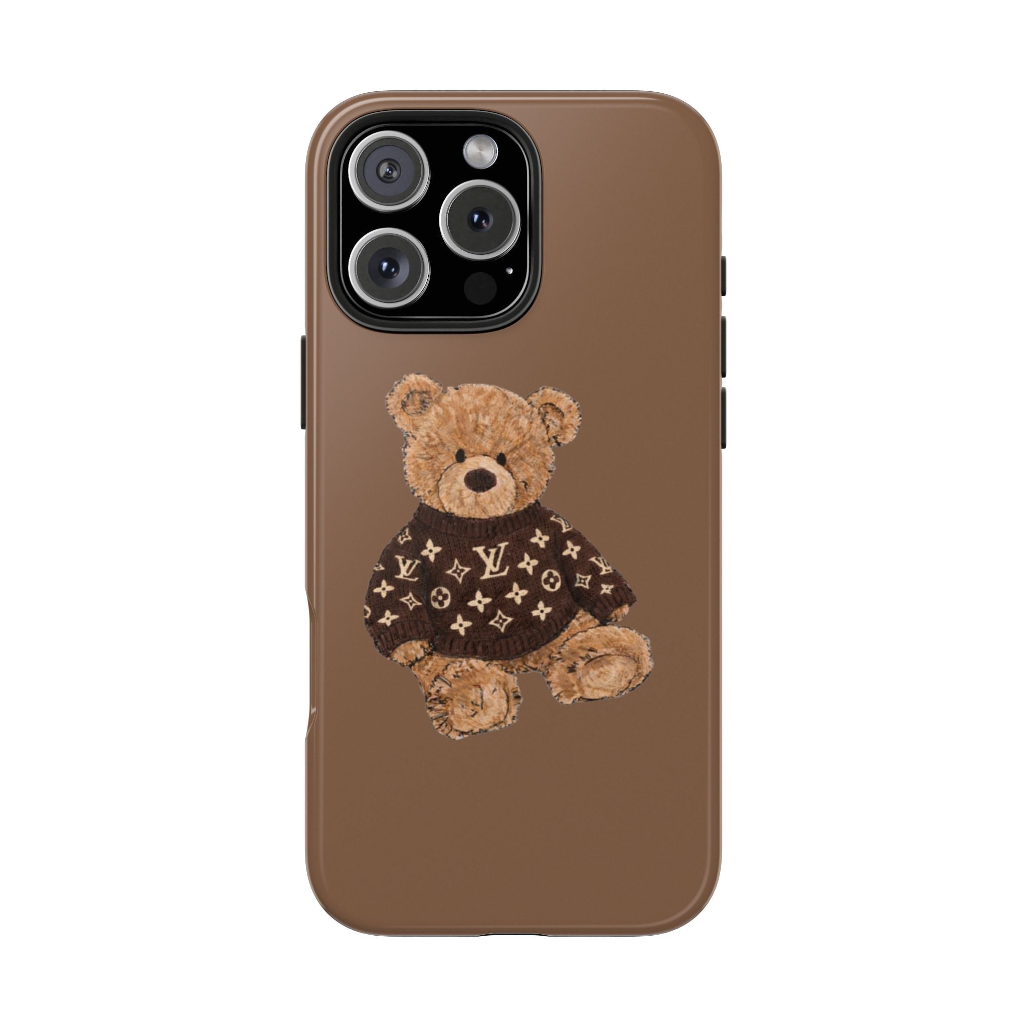Brown phone case with teddy bear wearing dark patterned sweater, camera side view