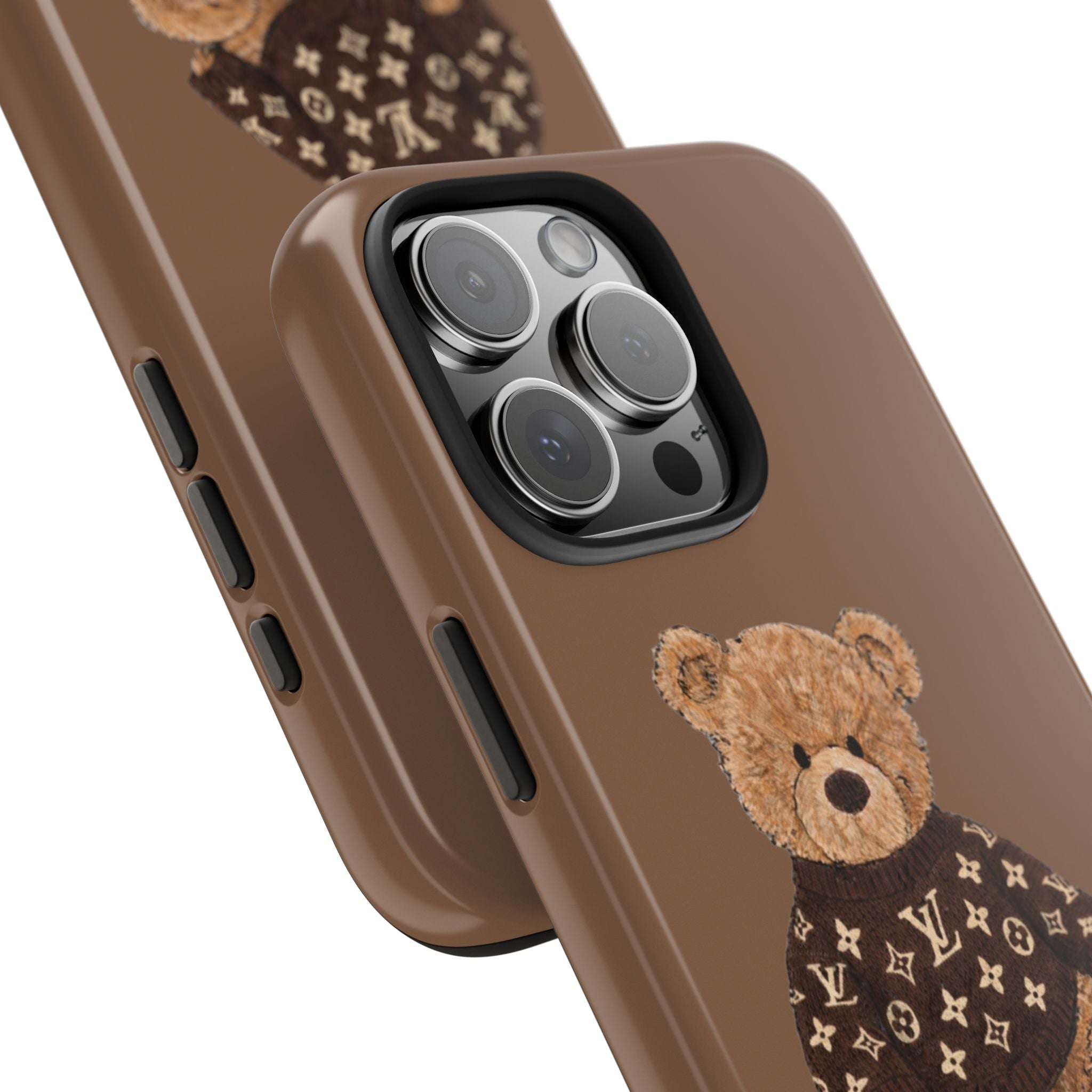 Brown phone case side view with teddy bear head peeking and camera cutout