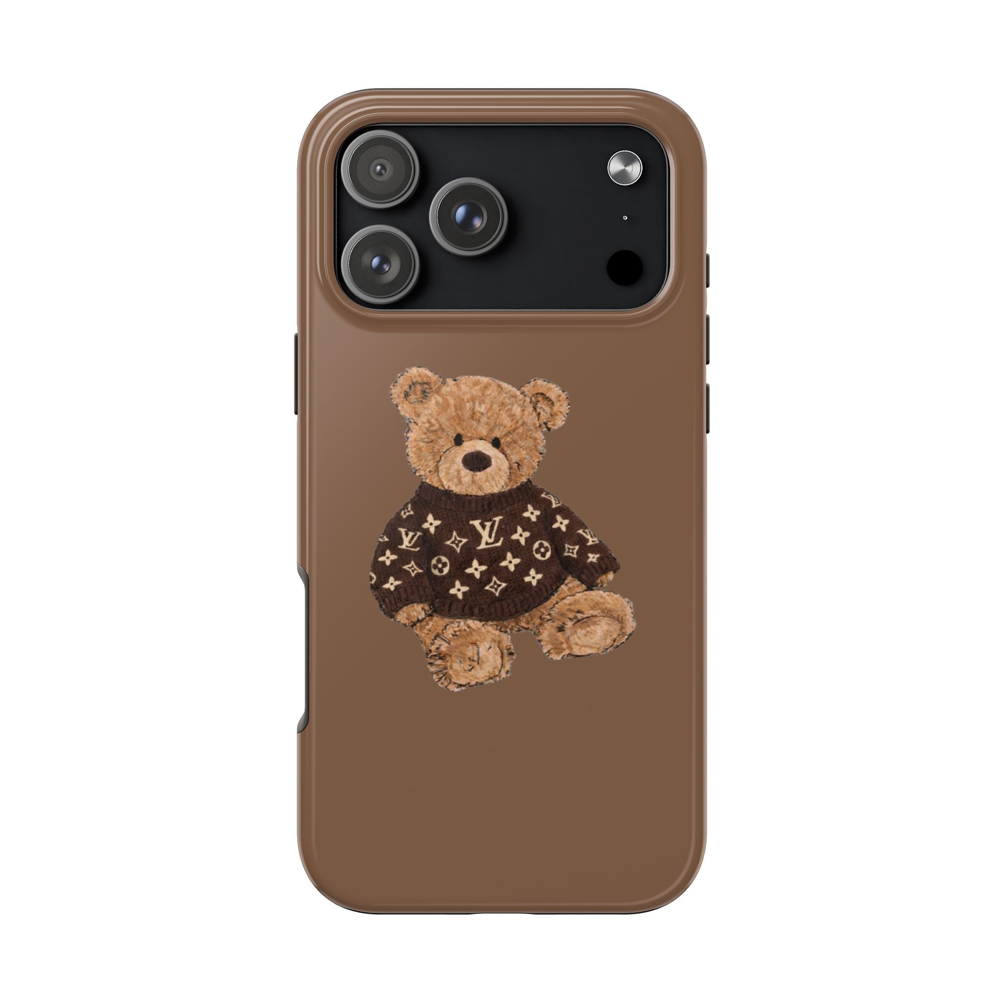 Brown phone case with teddy bear wearing dark patterned sweater, full back view