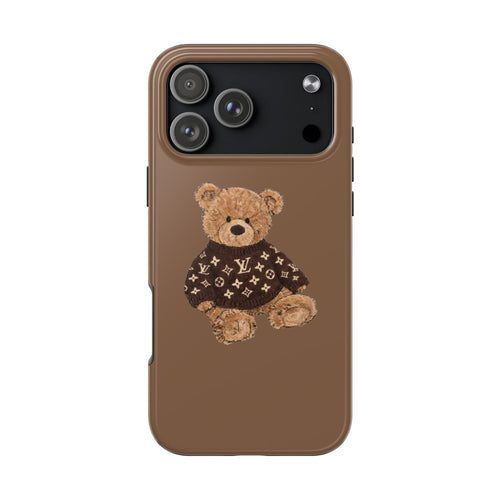 Brown phone case with teddy bear in dark patterned sweater applique