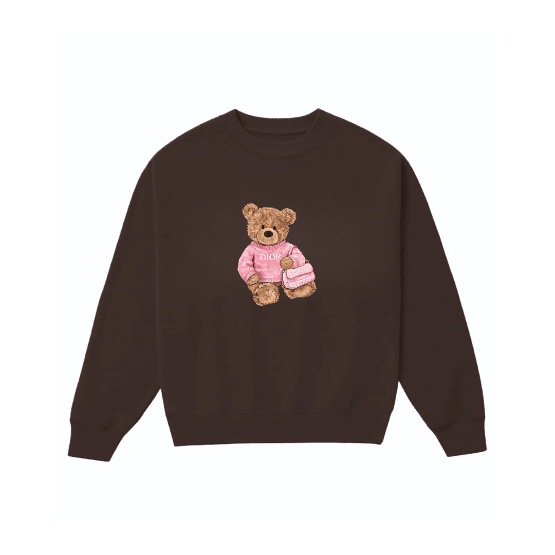 Brown crewneck sweatshirt with pink teddy bear appliqué graphic