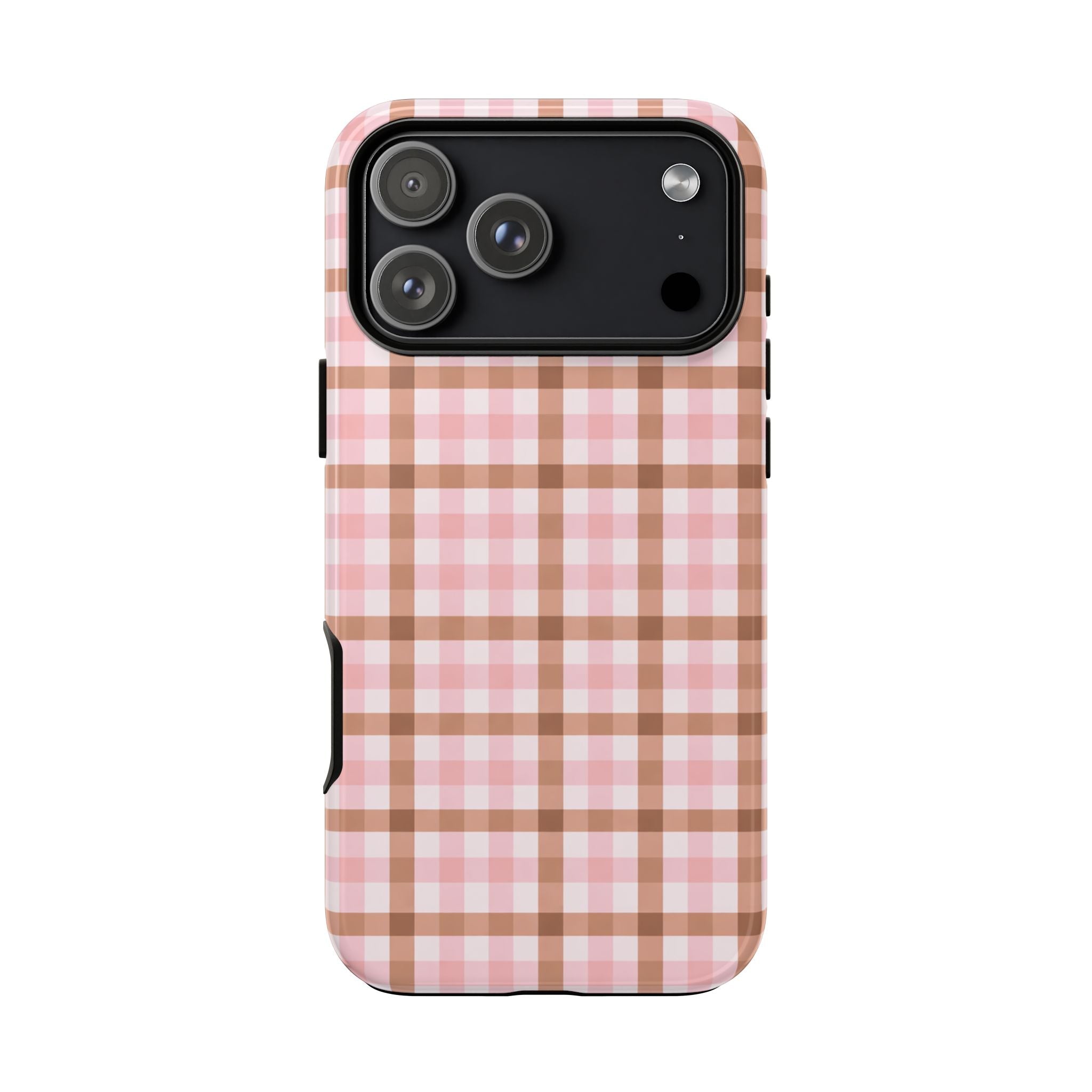 Brown and pink gingham phone case with dark camera panel and side opening