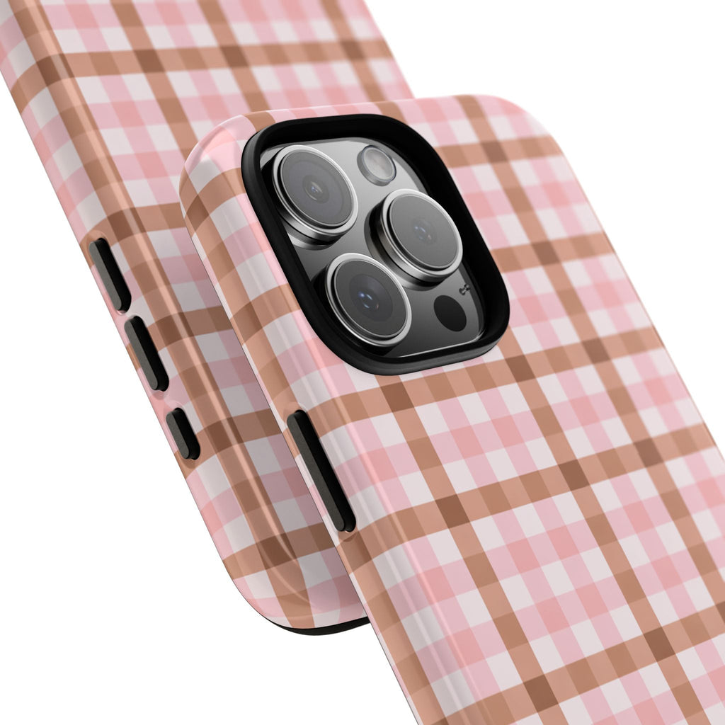 Brown and pink gingham phone case angled, showing camera lenses and side buttons