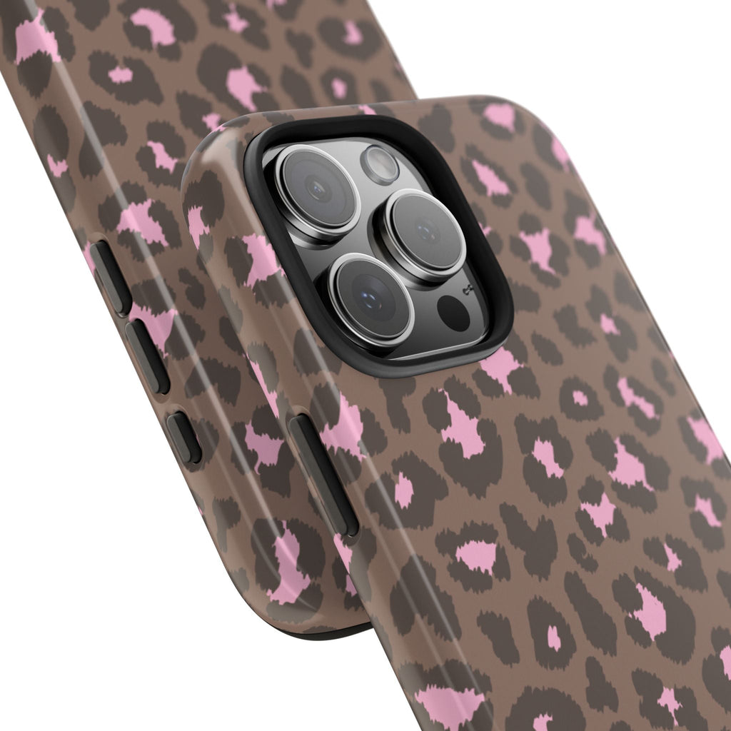 Angled brown & pink leopard print phone case with protected camera lenses