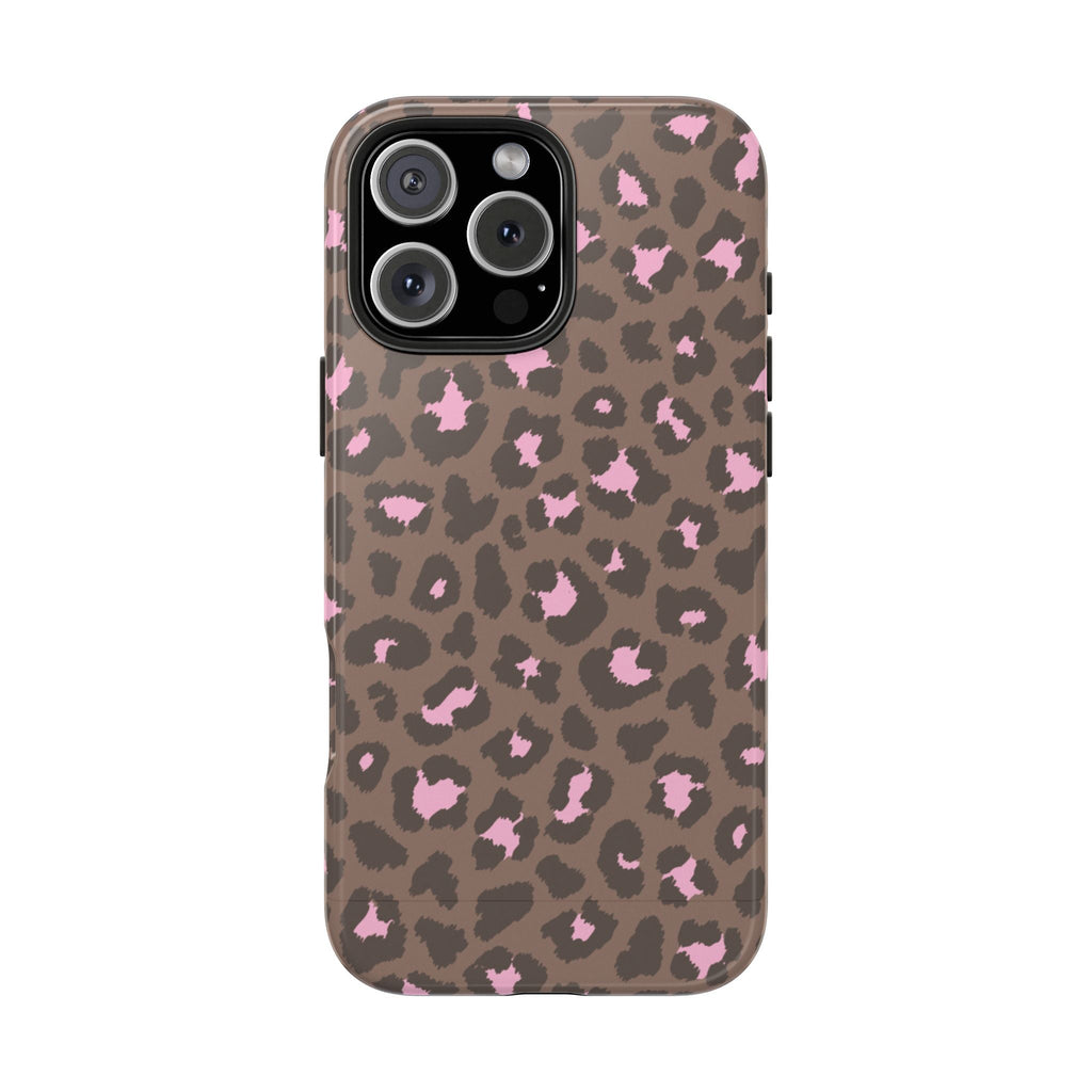 Brown leopard print phone case with pink spots, smooth back