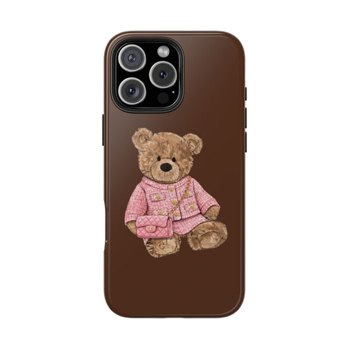 Brown phone case with teddy bear in pink tweed suit and mini crossbody bag