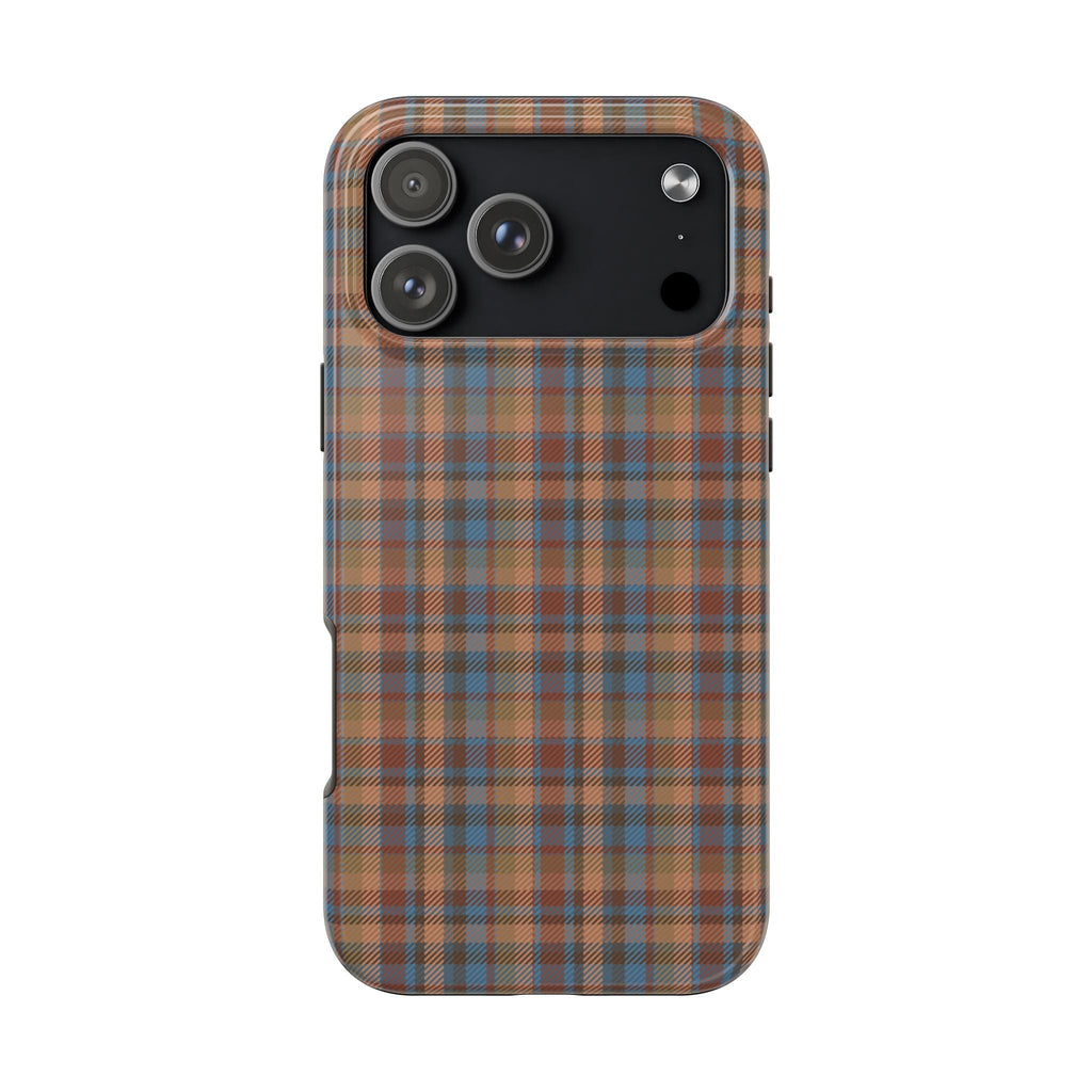 Brown plaid phone case with camera cutout and raised edges for protection