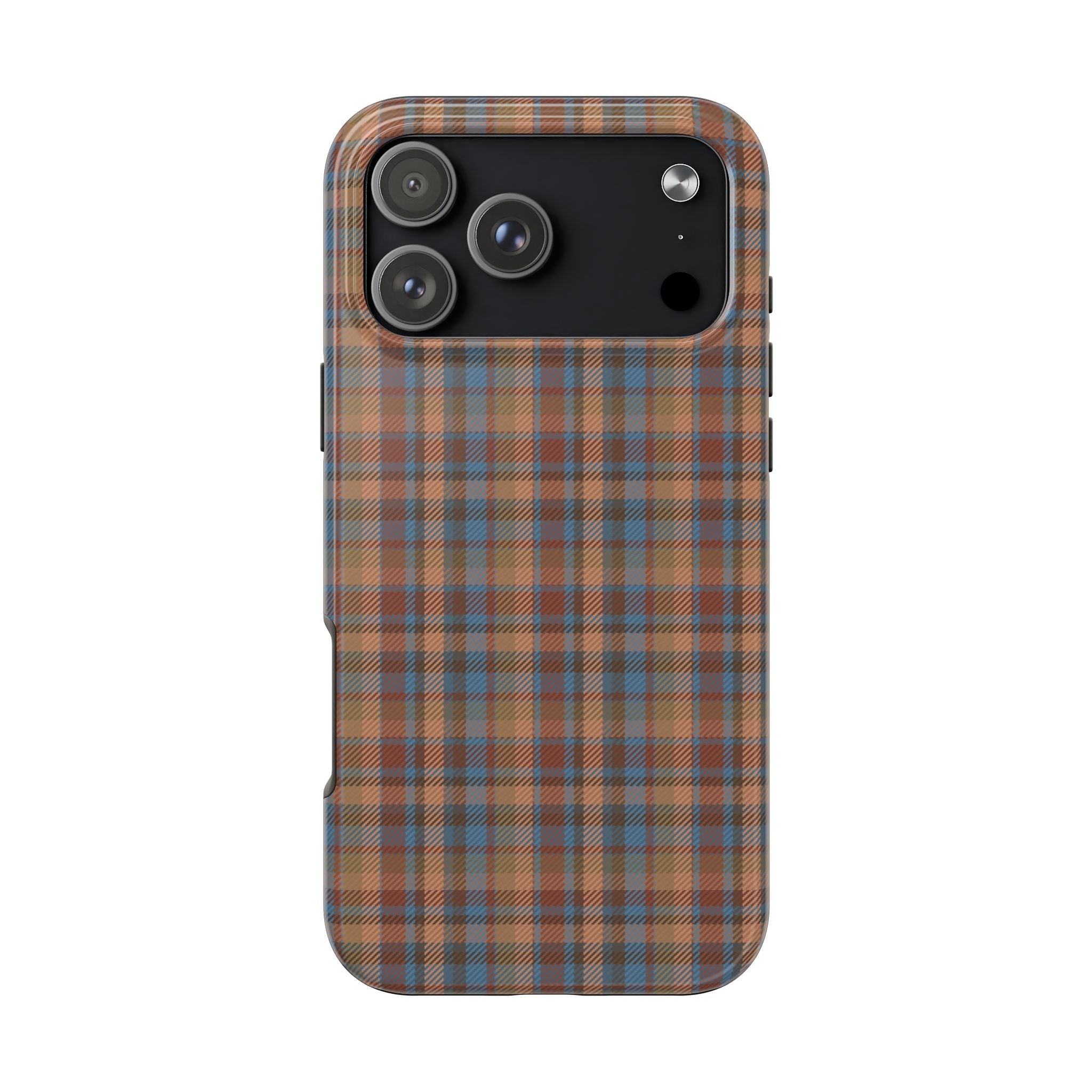 Brown plaid phone case with camera cutout and raised edges for protection