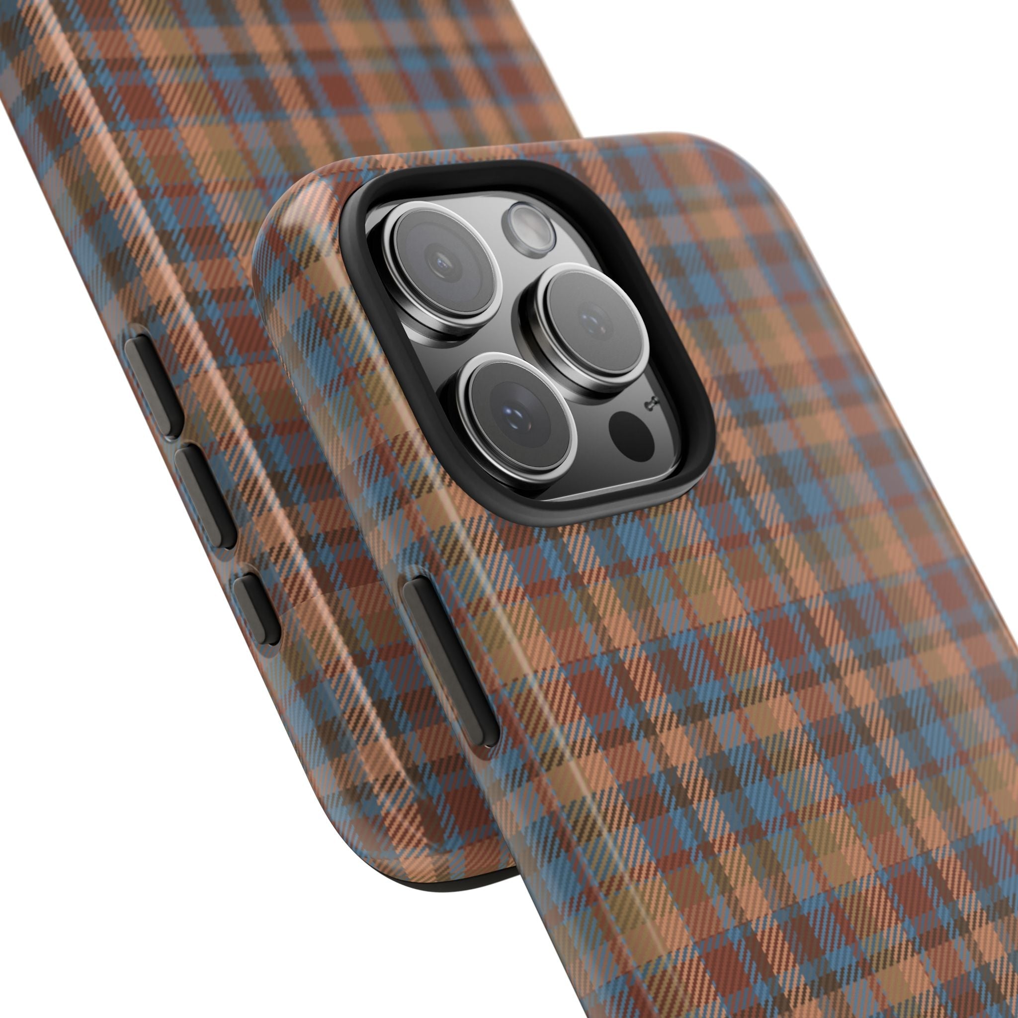 Brown plaid phone case angled view with side button cutouts and camera module cover