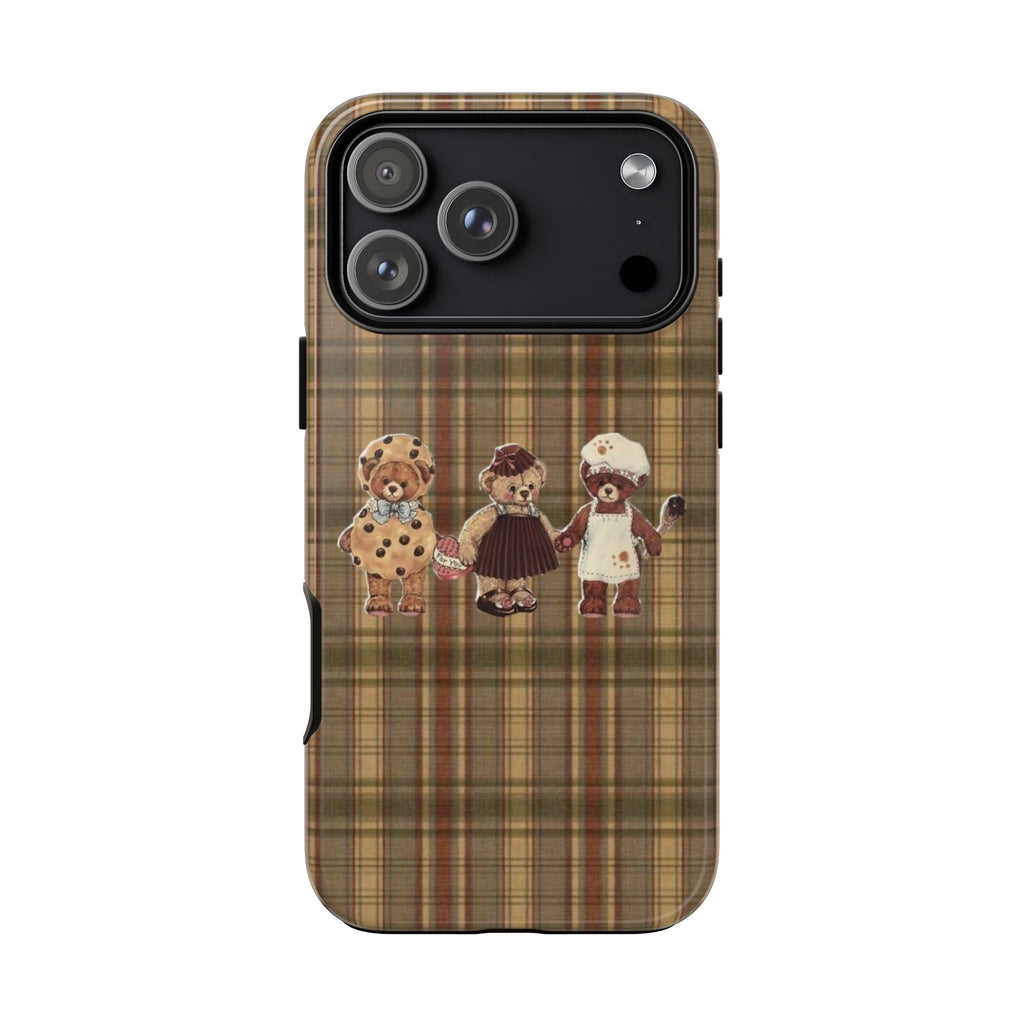 Brown plaid phone case with coquette teddy bears, camera cutout and visible side buttons