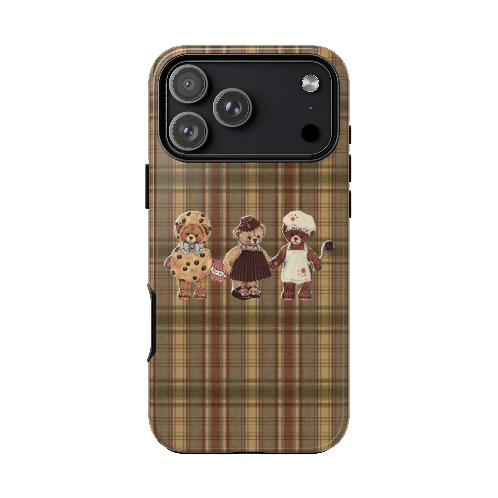 Brown plaid phone case with coquette teddy bears, camera cutout and visible side buttons