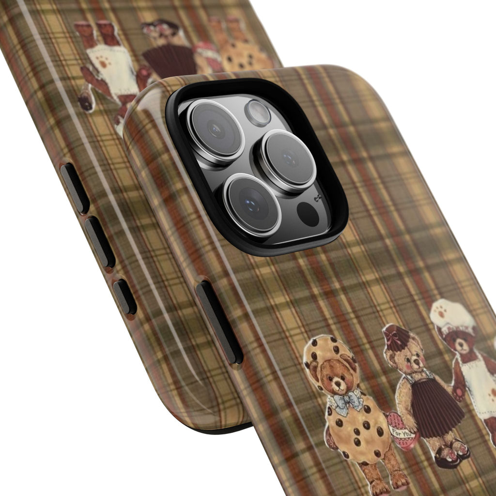 Angled brown plaid phone case with coquette teddy bears and triple-lens camera cutout