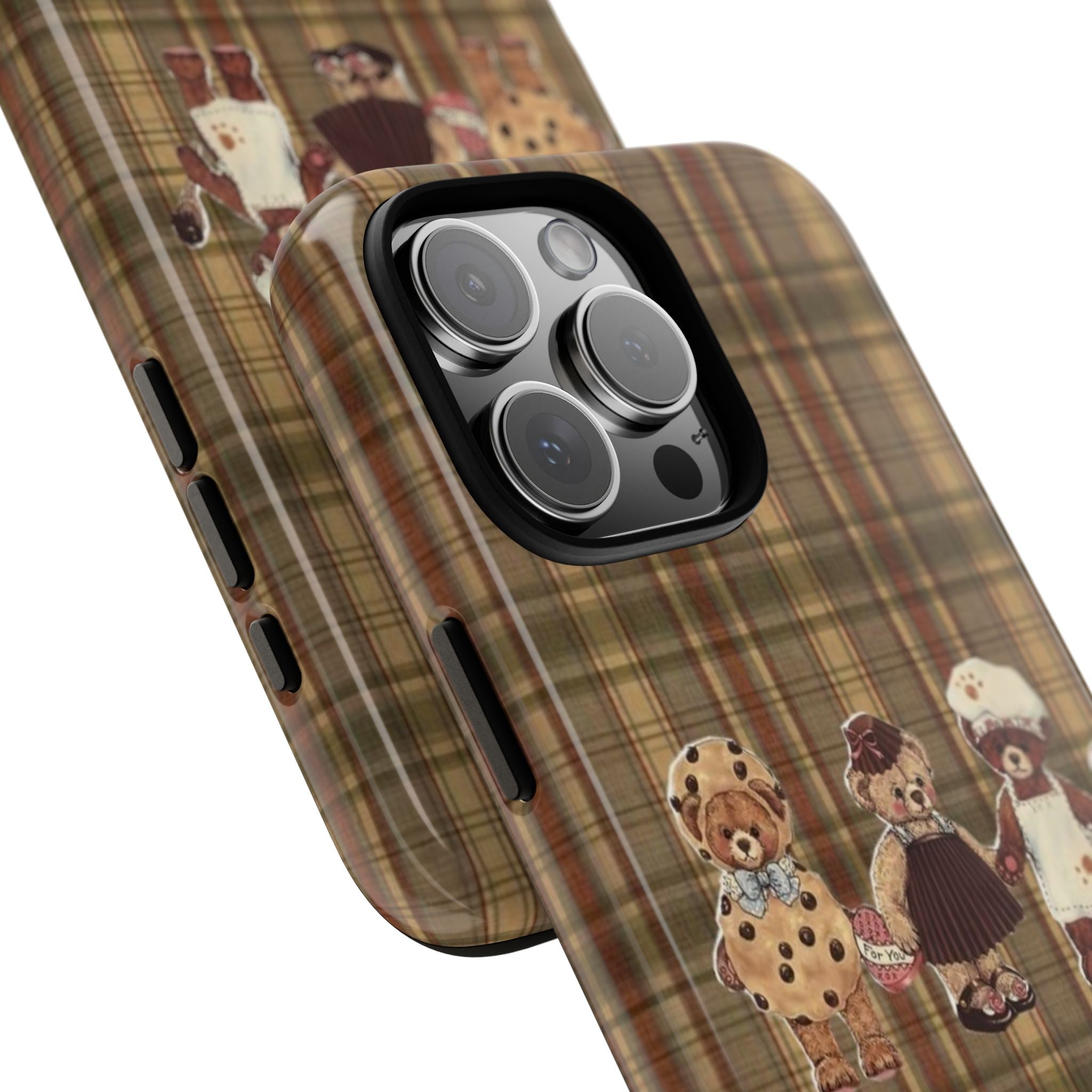 Angled brown plaid phone case with coquette teddy bears and triple-lens camera cutout