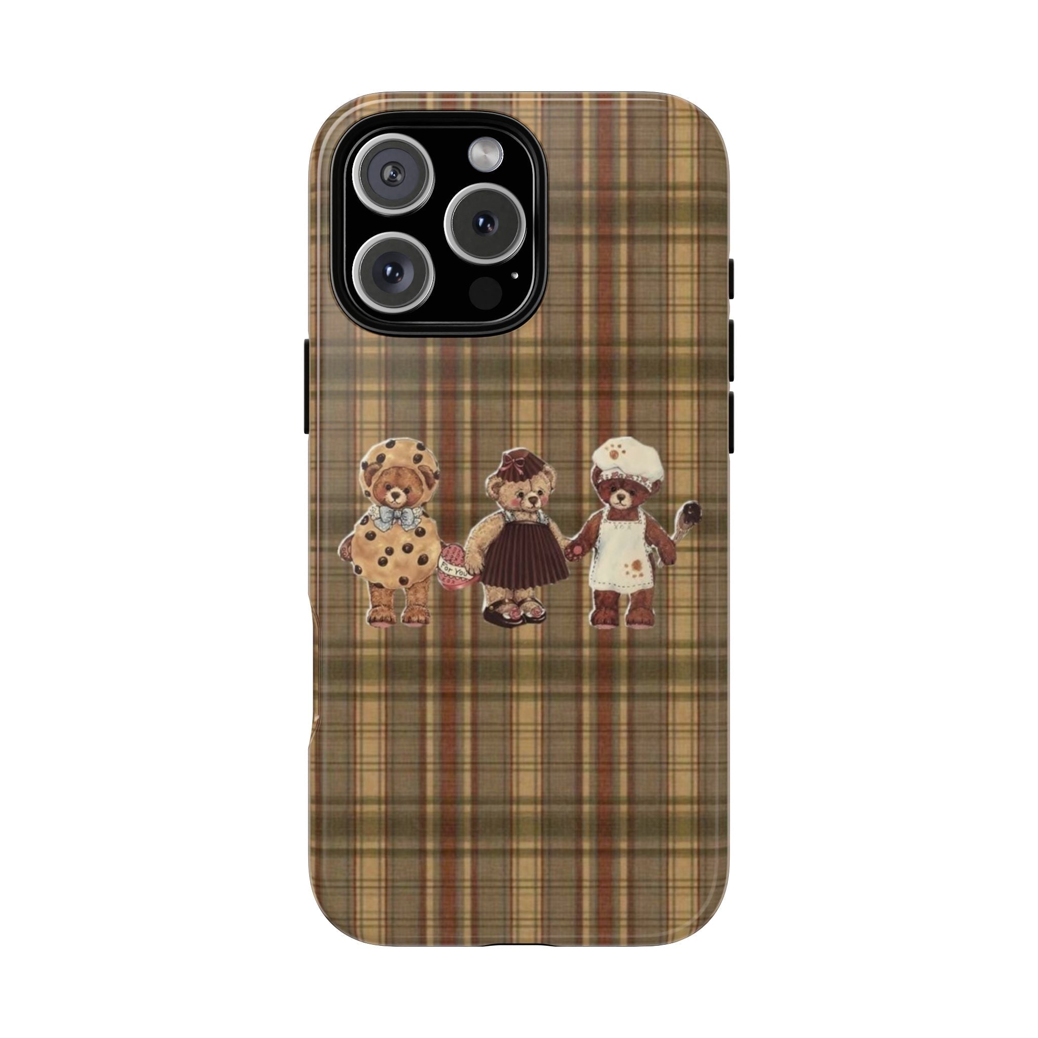 Brown plaid phone case with three coquette teddy bear figures and camera cutout