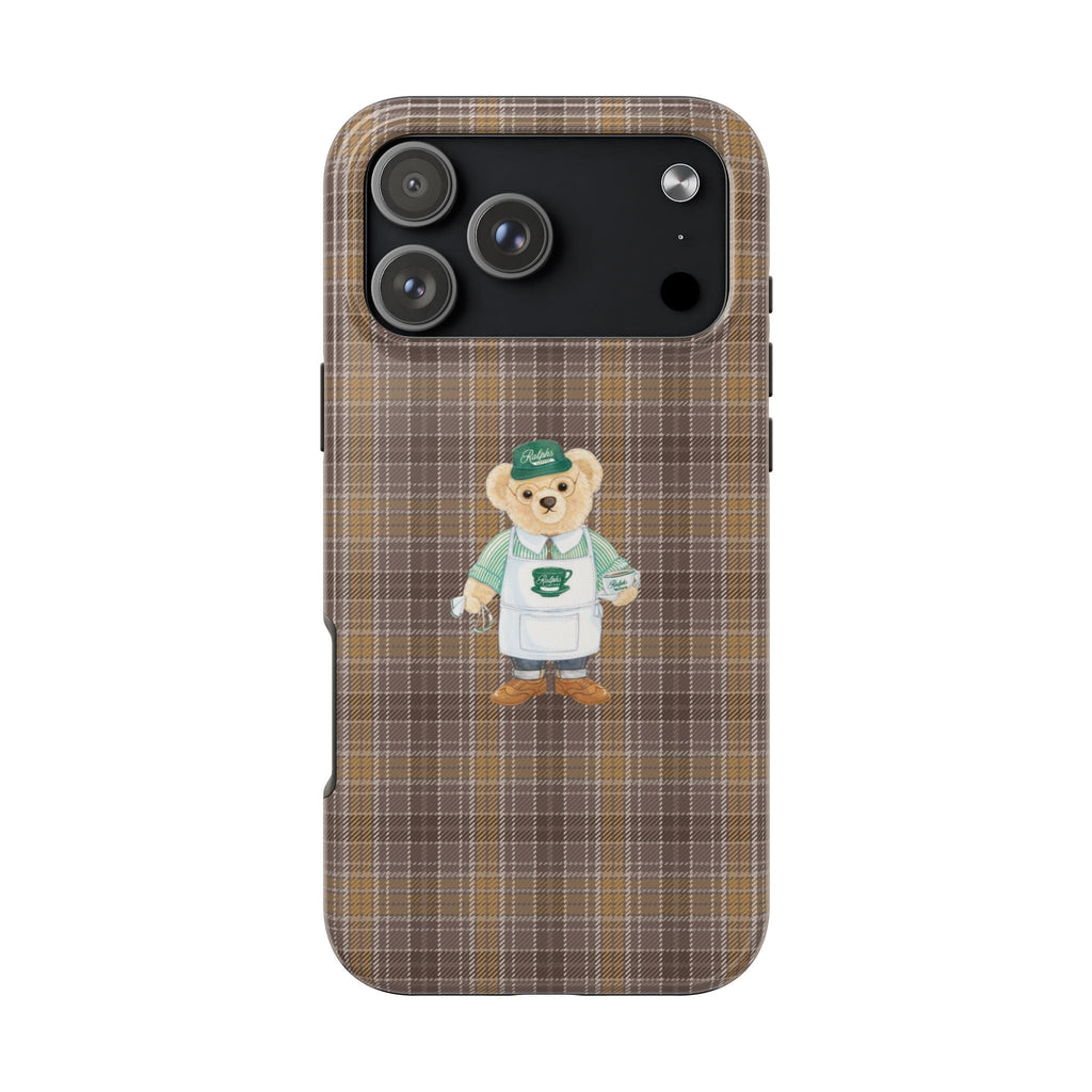 Brown plaid phone case with cute teddy bear in green hat and outfit