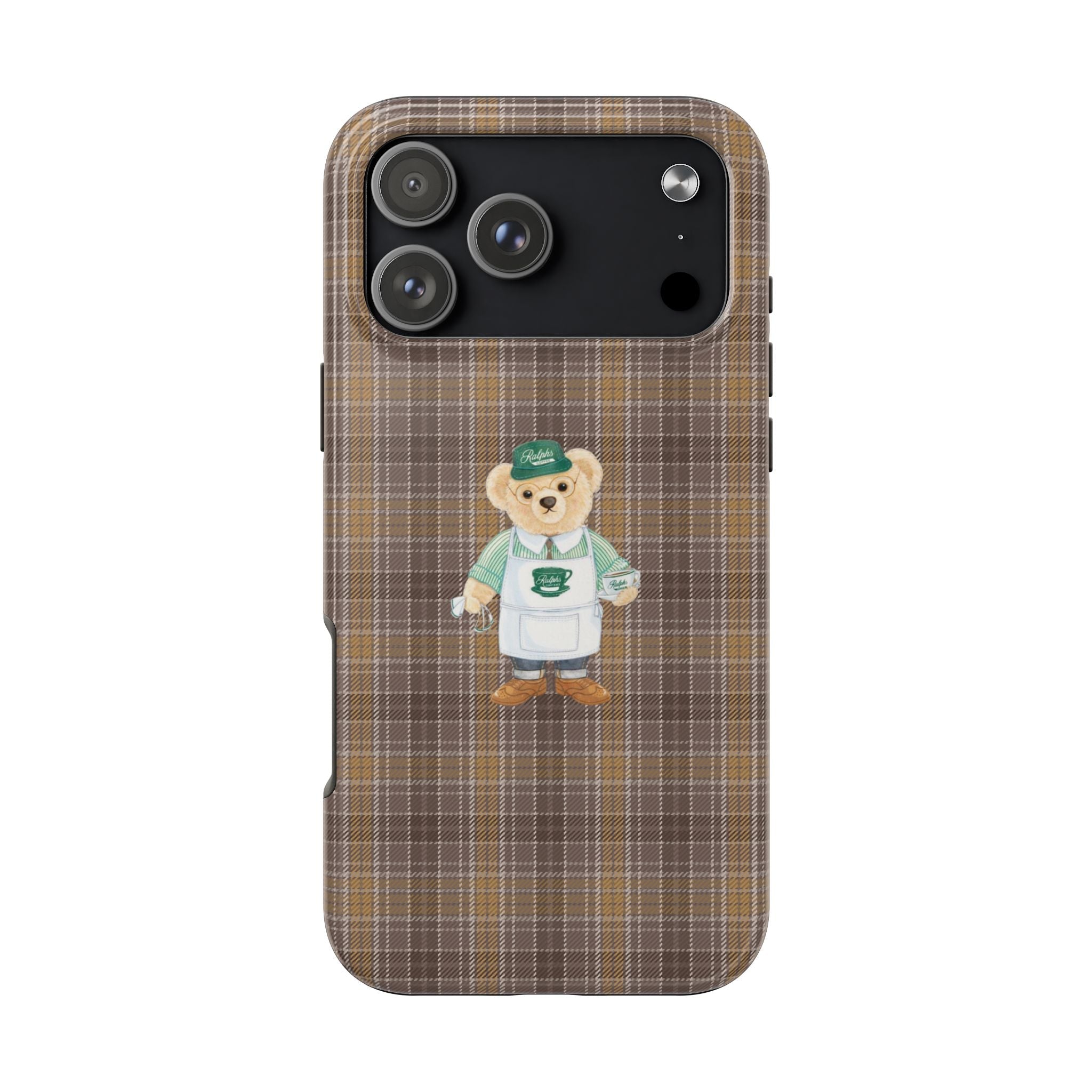 Brown plaid phone case with cute teddy bear in green hat and outfit