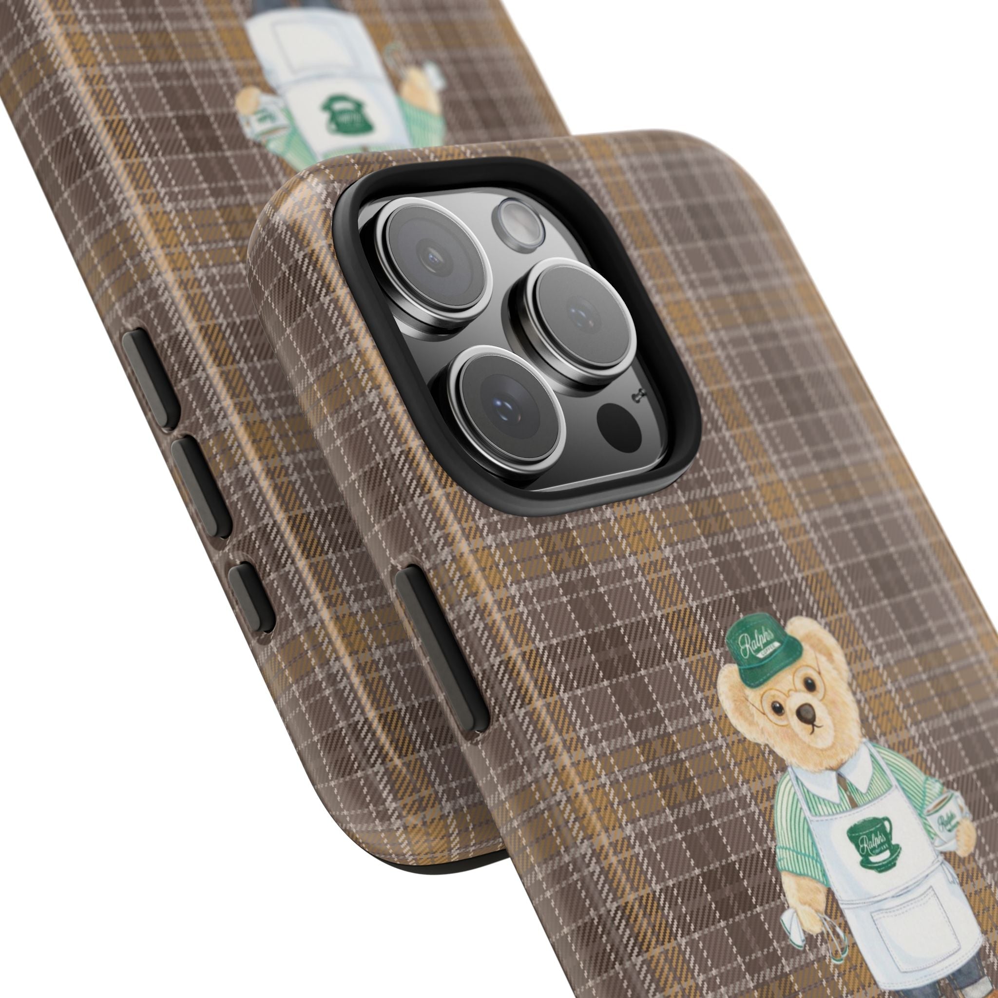 Brown plaid phone case side view with teddy bear graphic and camera cutout