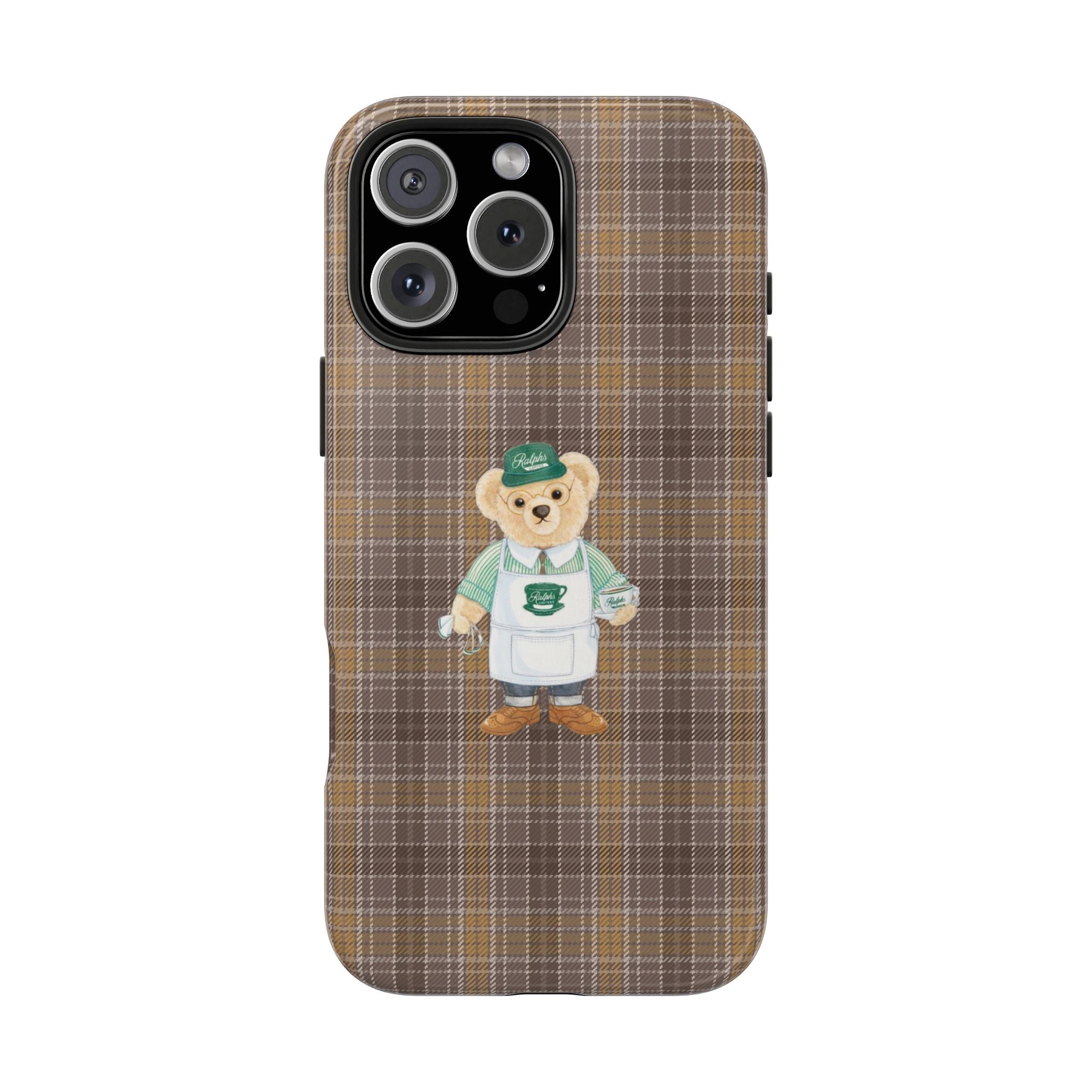 Brown plaid phone case, teddy bear barista graphic centered on back