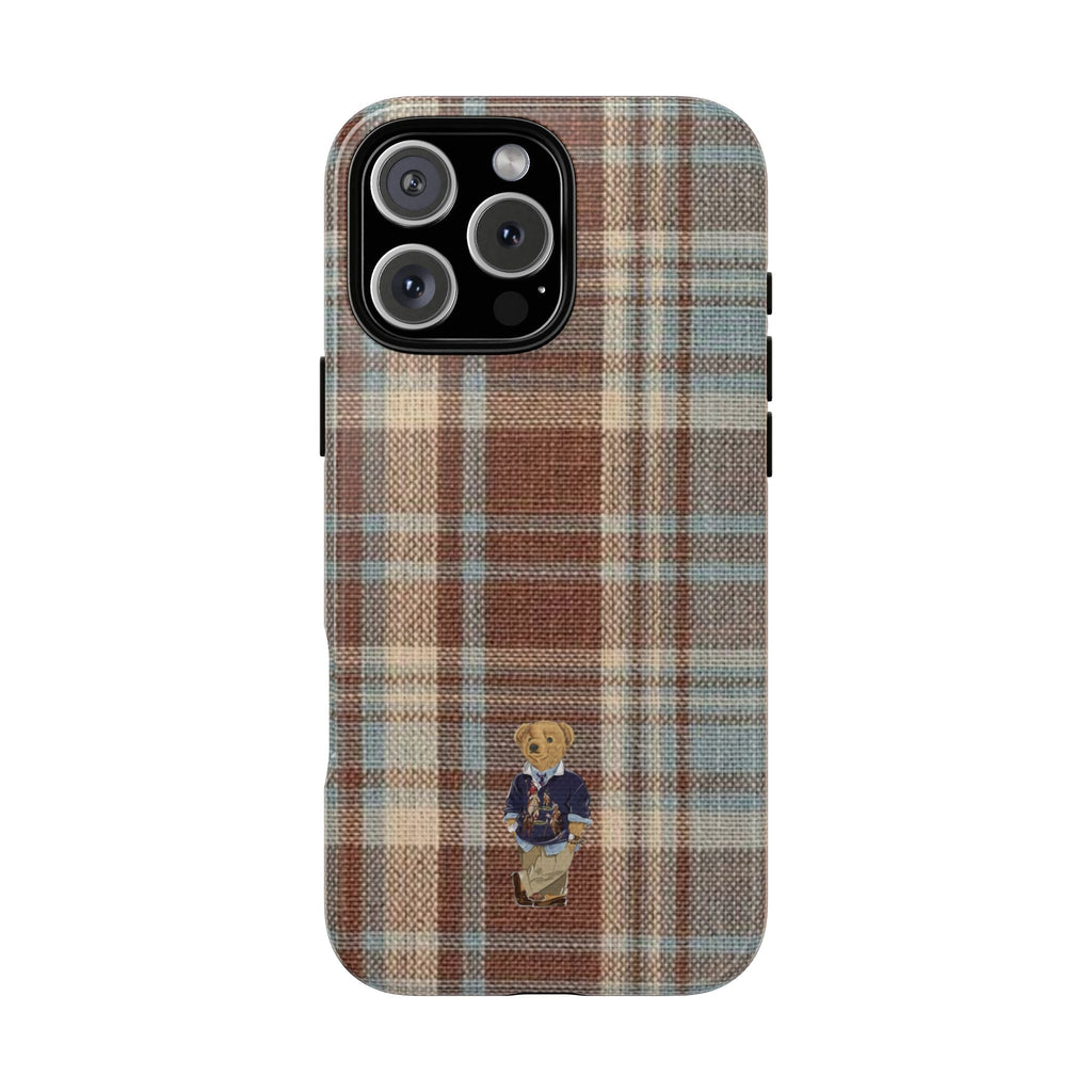 Brown plaid teddy bear phone case with fabric texture and camera cutout