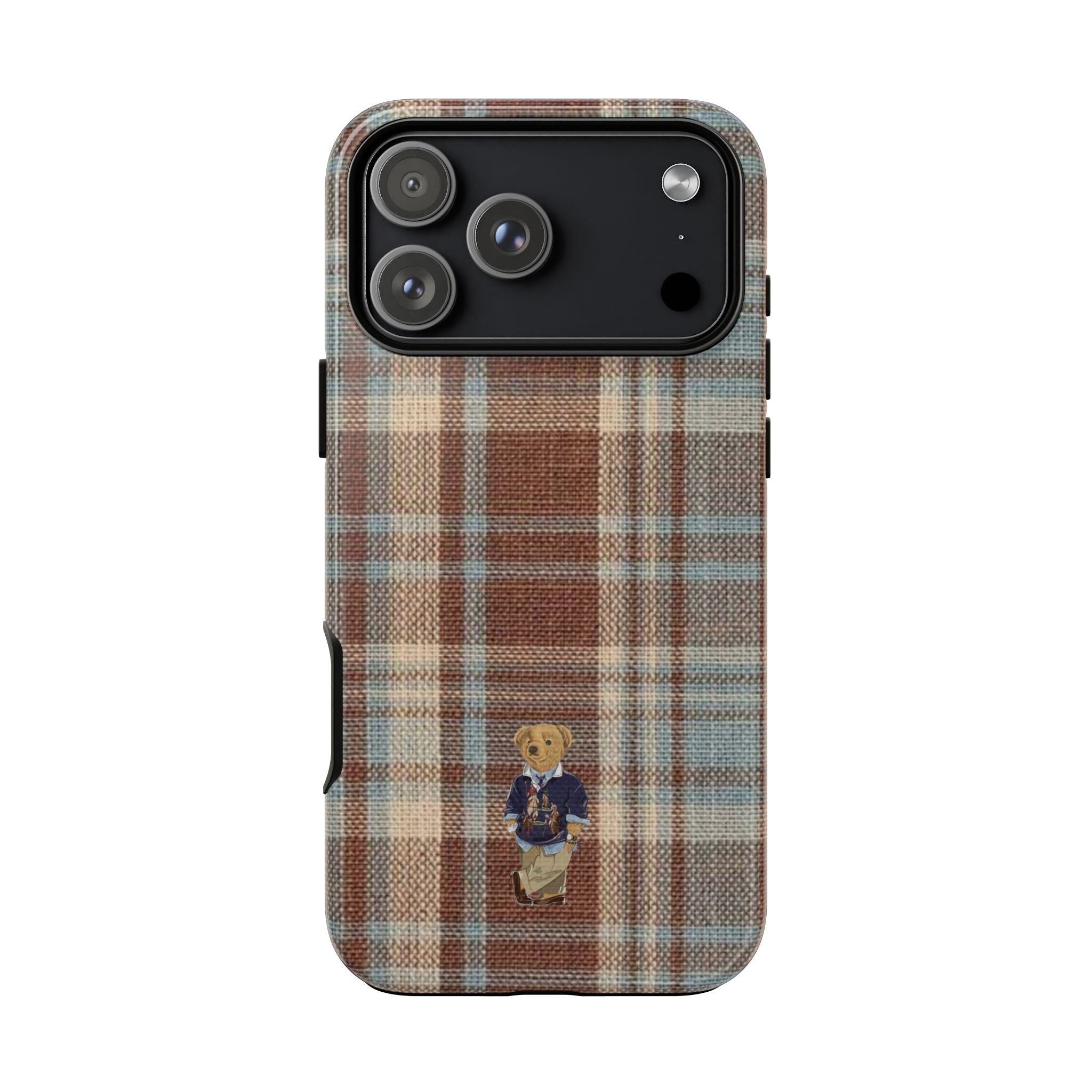 Brown plaid phone case with teddy bear applique and black camera panel