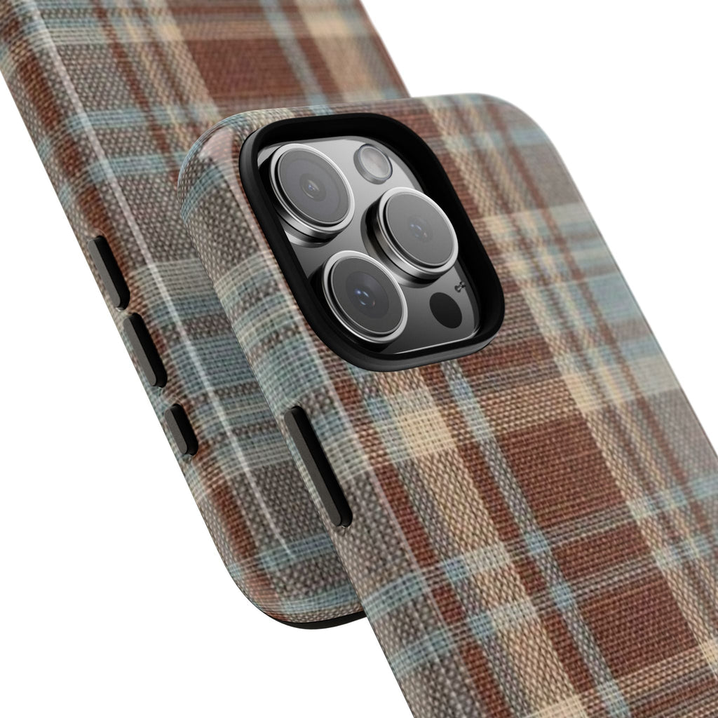 Plaid teddy bear phone case close-up with side button cutouts and camera bump