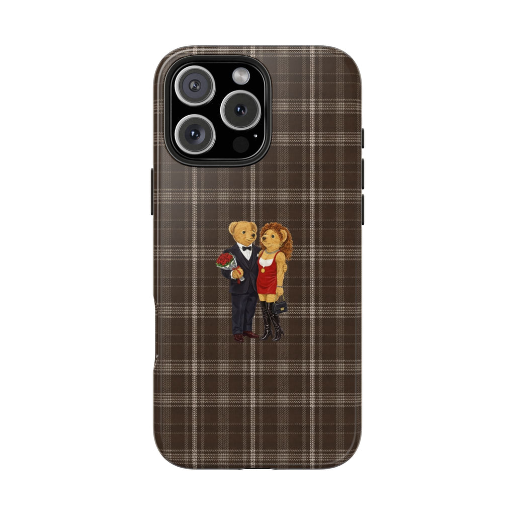 Brown plaid phone case with bear couple standing on the cover, rear camera cutouts