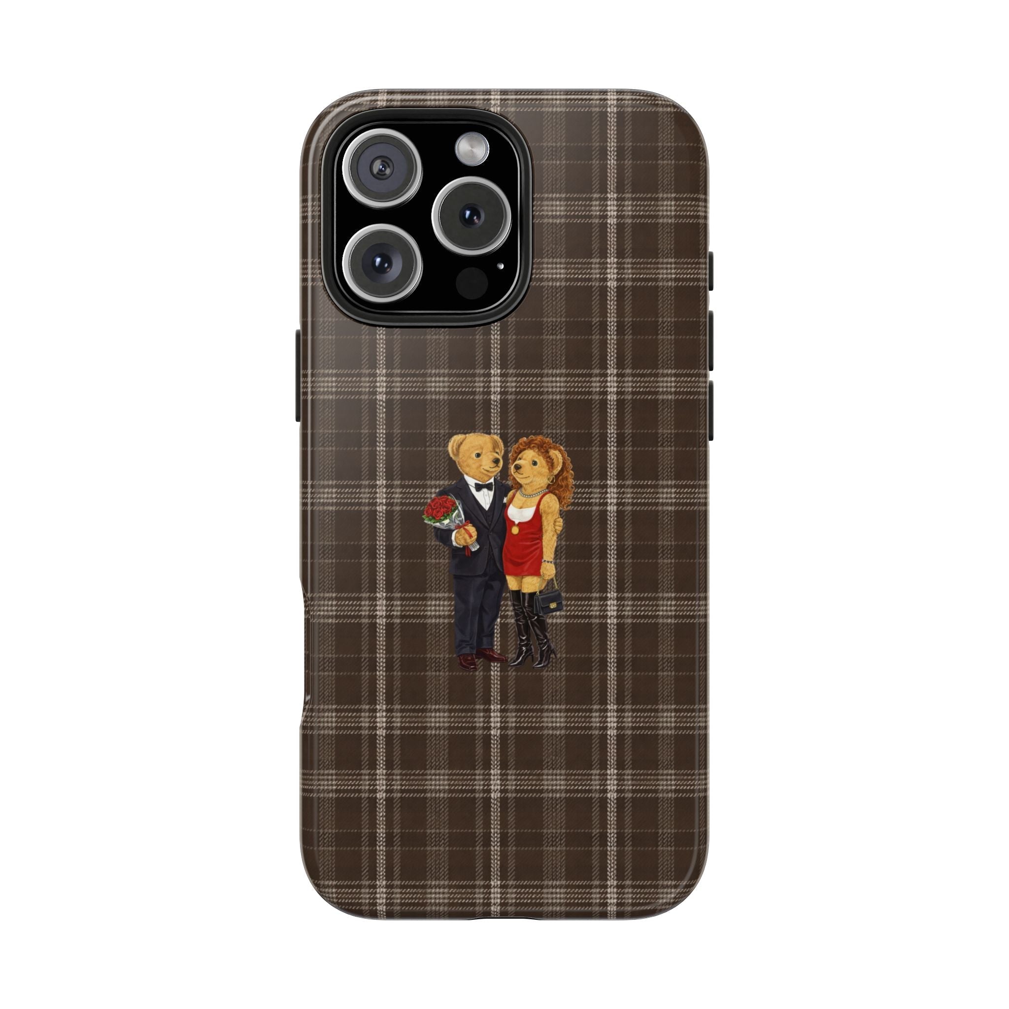 Brown plaid phone case with bear couple standing on the cover, rear camera cutouts