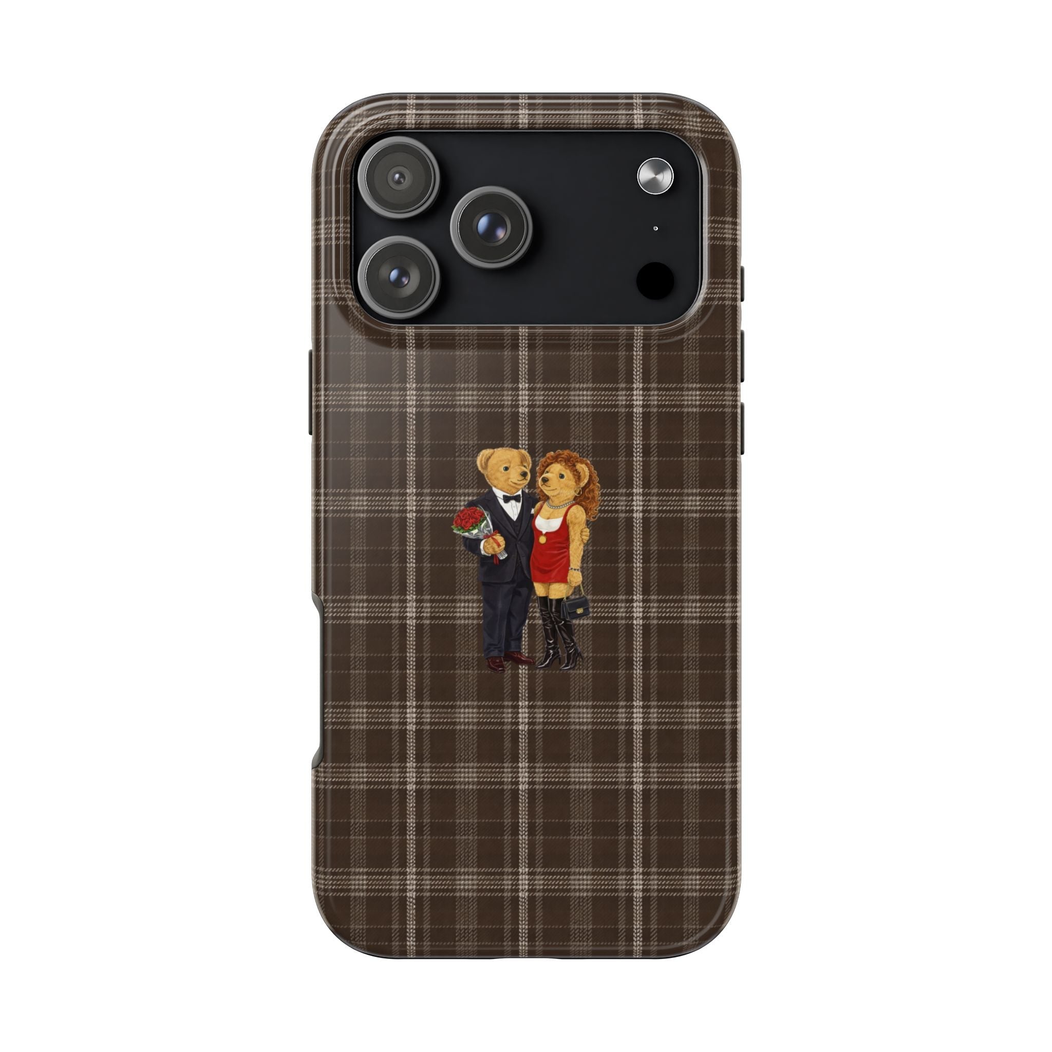 Brown plaid phone case with bear couple holding flowers, covering rear cameras