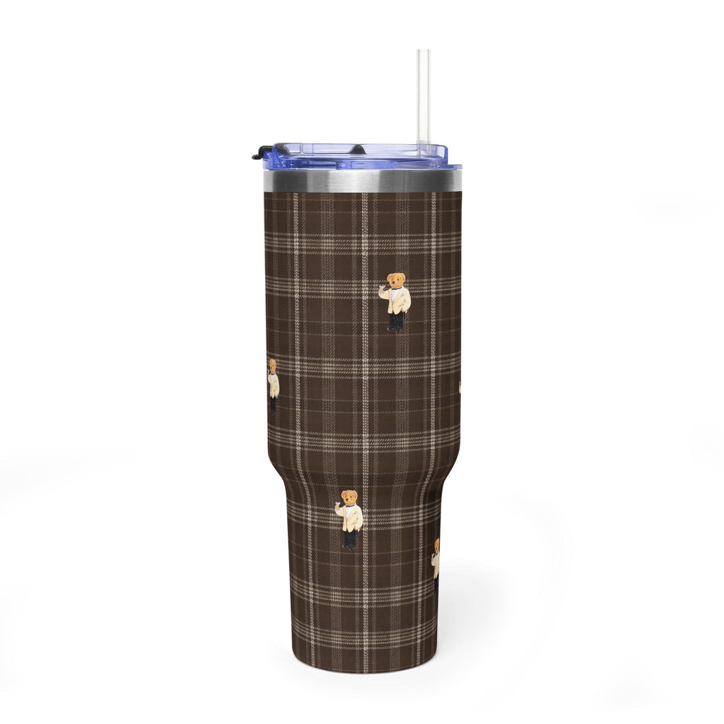 Brown plaid stainless tumbler with scattered teddy bear patches and clear straw, front view