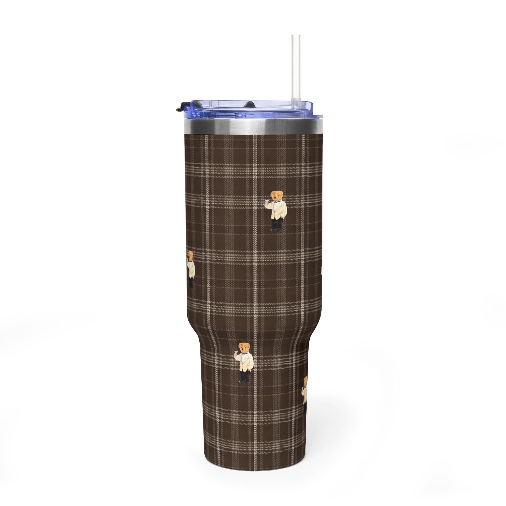 Brown plaid stainless tumbler with scattered teddy bear patches and clear straw, front view