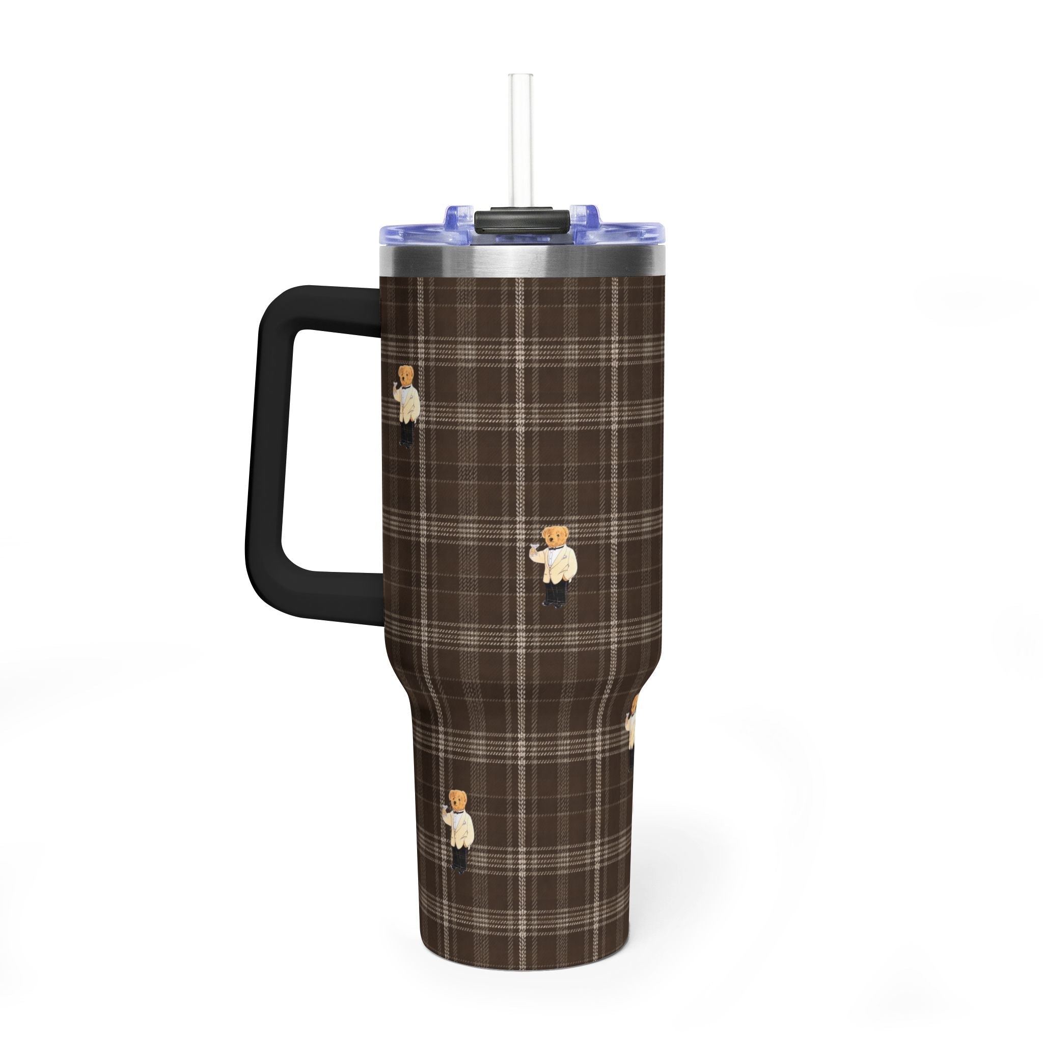 Brown plaid stainless tumbler with teddy bear patches, clear straw, angled view of black handle