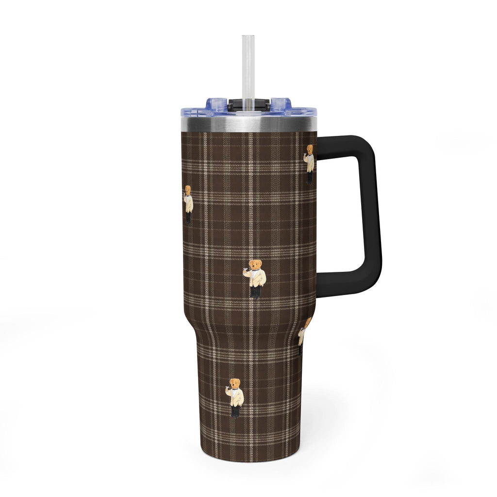 Brown plaid stainless steel tumbler with teddy bear patches, clear straw, black handle