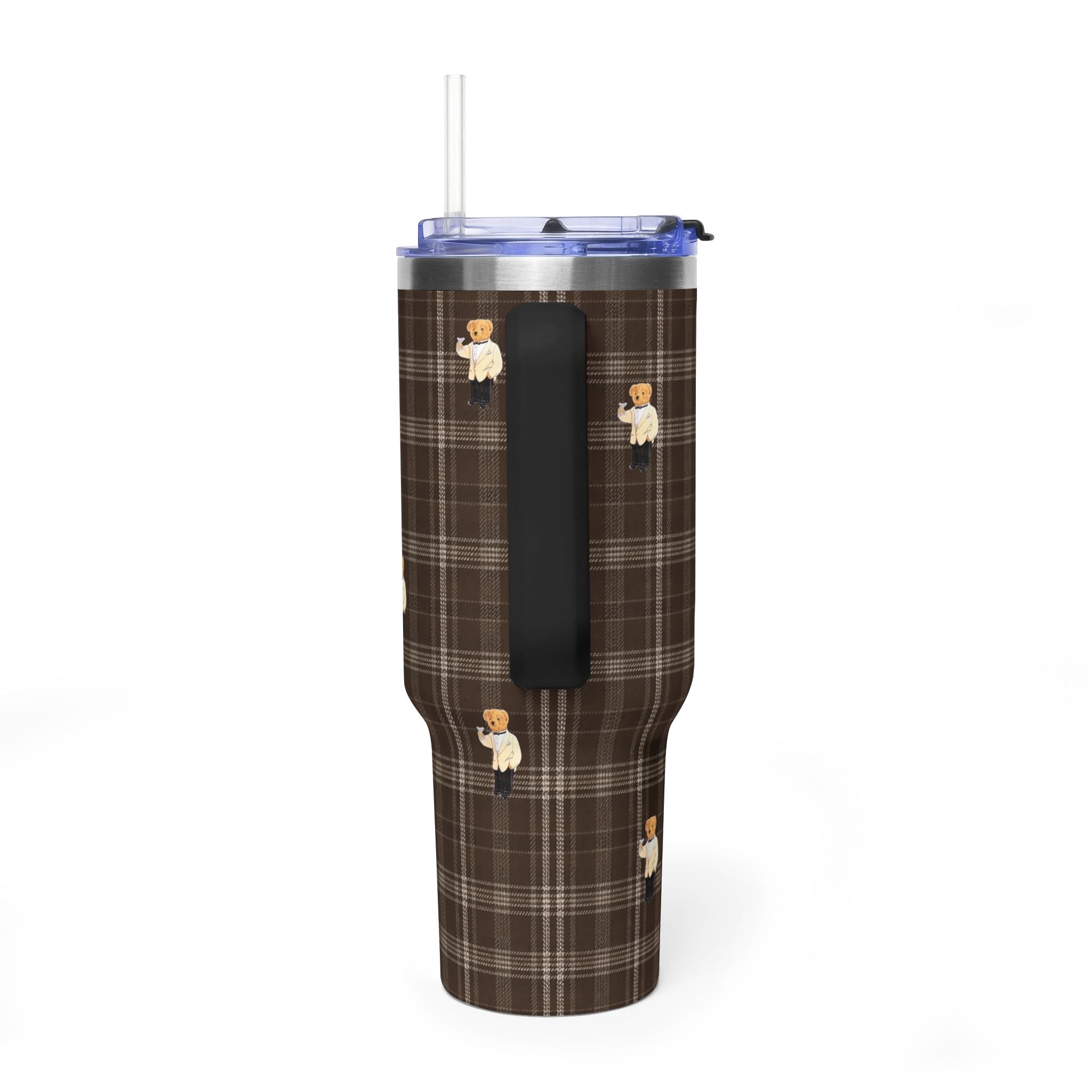 Brown plaid stainless tumbler with teddy bear patches, clear straw, back view with black holder