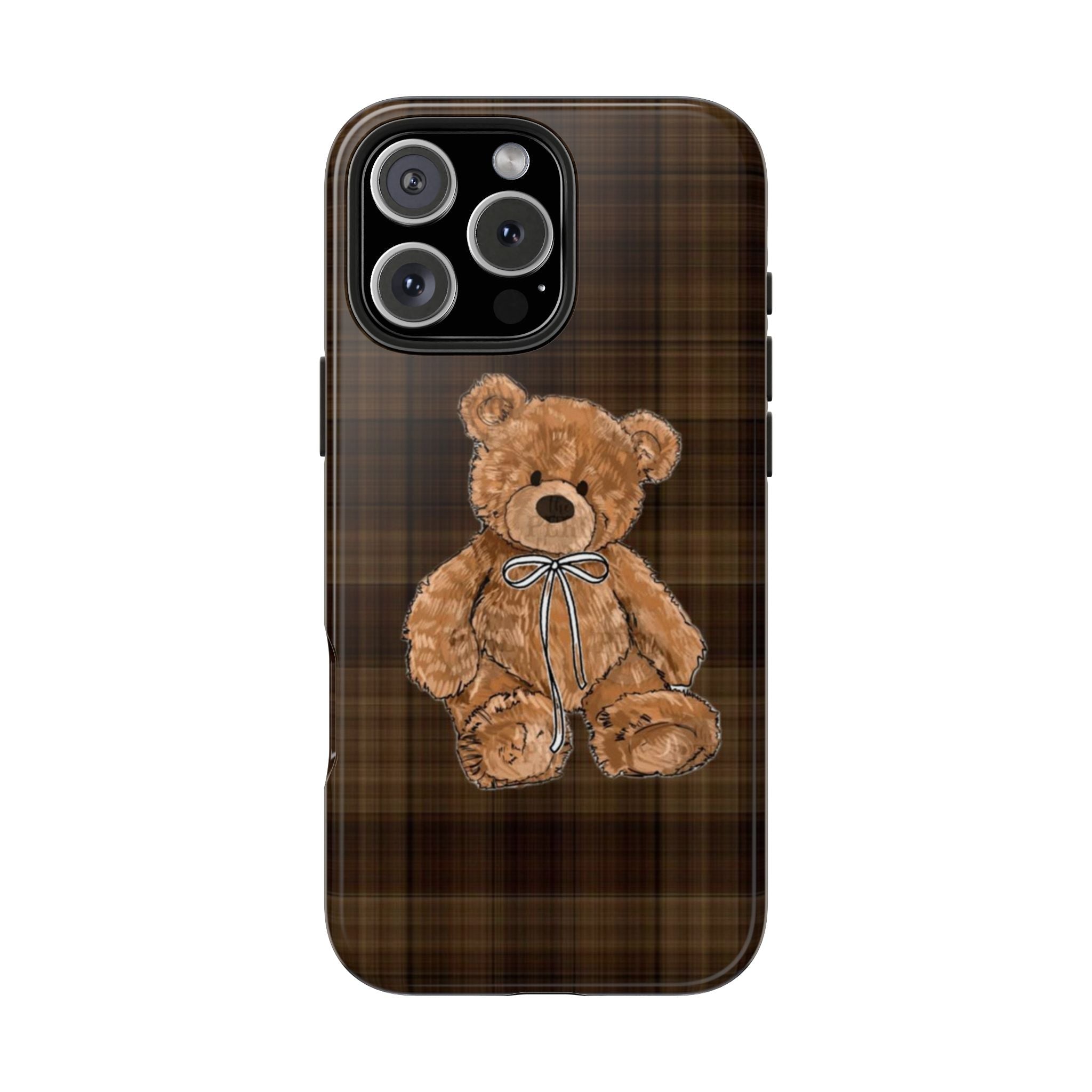 Brown plaid phone case featuring full teddy bear bow illustration