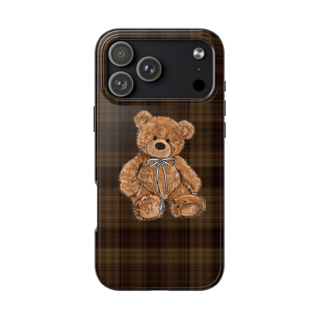 Brown plaid phone case with teddy bear bow graphic
