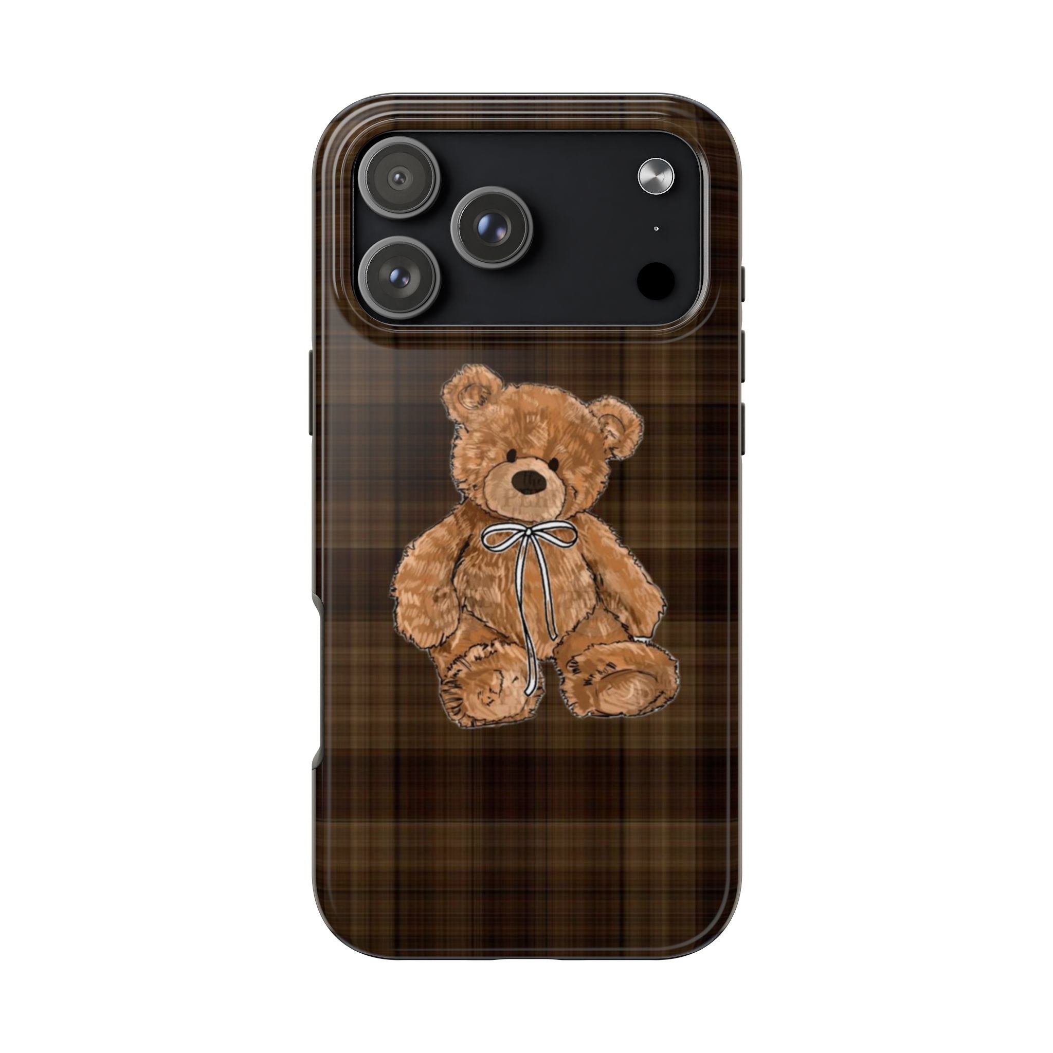 Brown plaid phone case with teddy bear bow graphic