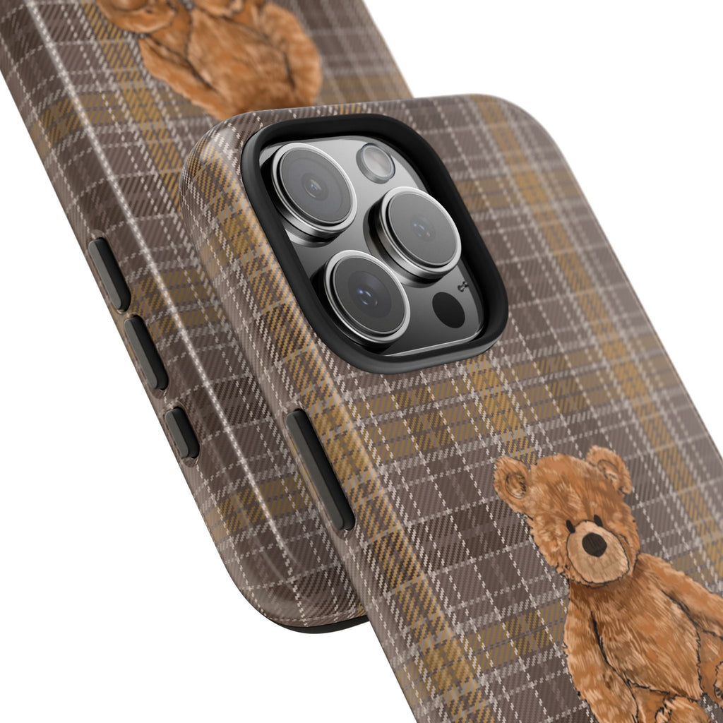 Brown plaid teddy bear phone case with camera cutouts and partial bear applique