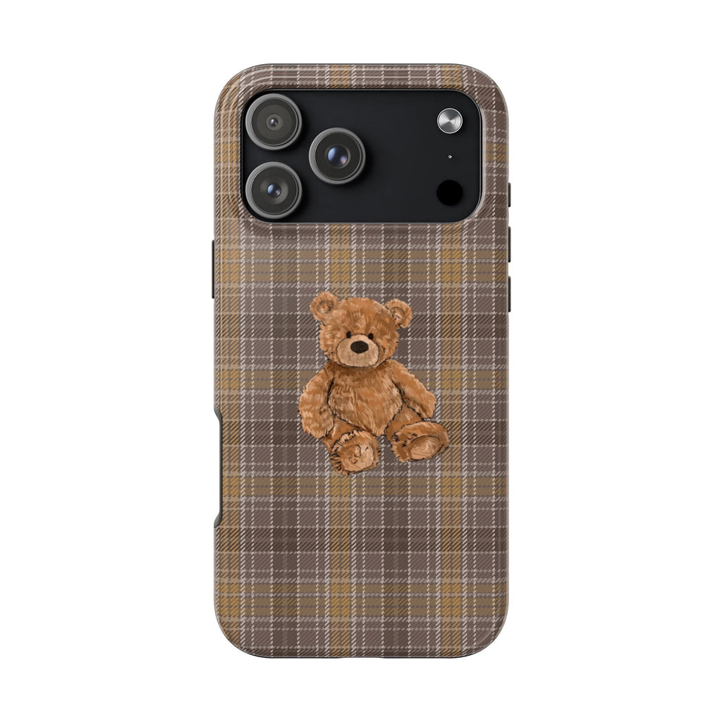Brown plaid phone case with teddy bear graphic in center and rounded corners