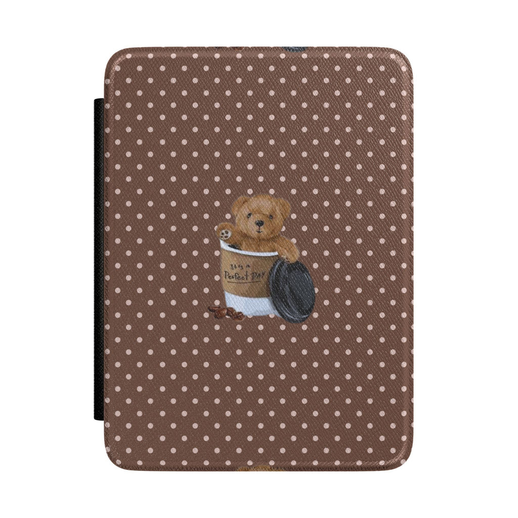 Brown polka dot hardcover Kindle case with teddy bear holding coffee mug