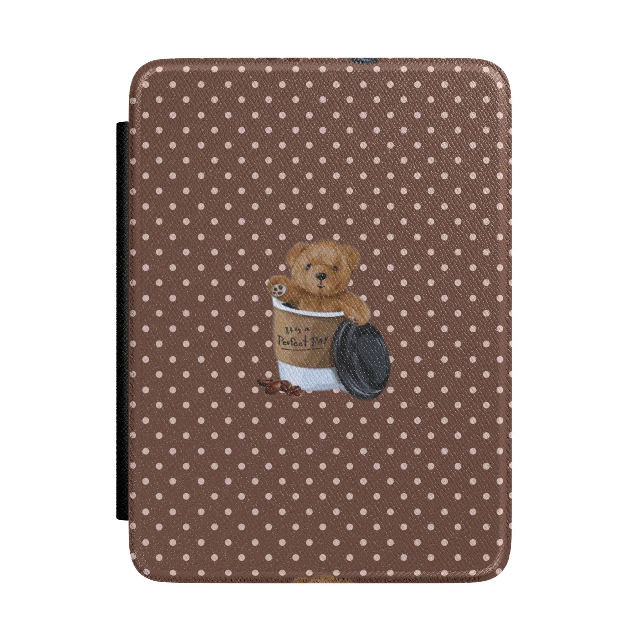 Brown polka dot hardcover Kindle case with teddy bear holding coffee mug