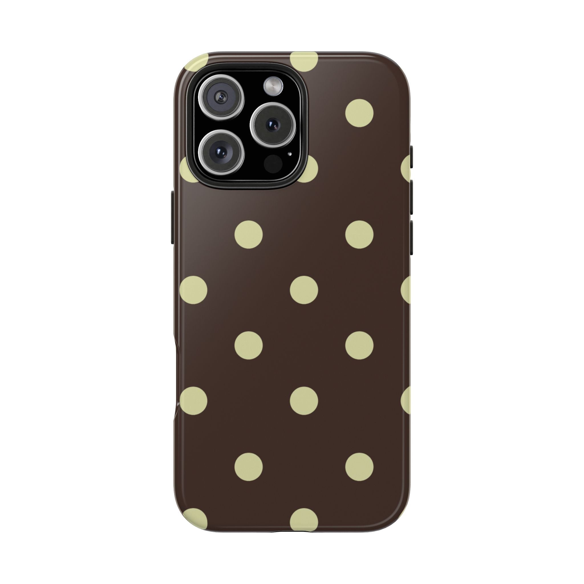 Brown phone case with pale green polka dots, cutouts around camera and flash