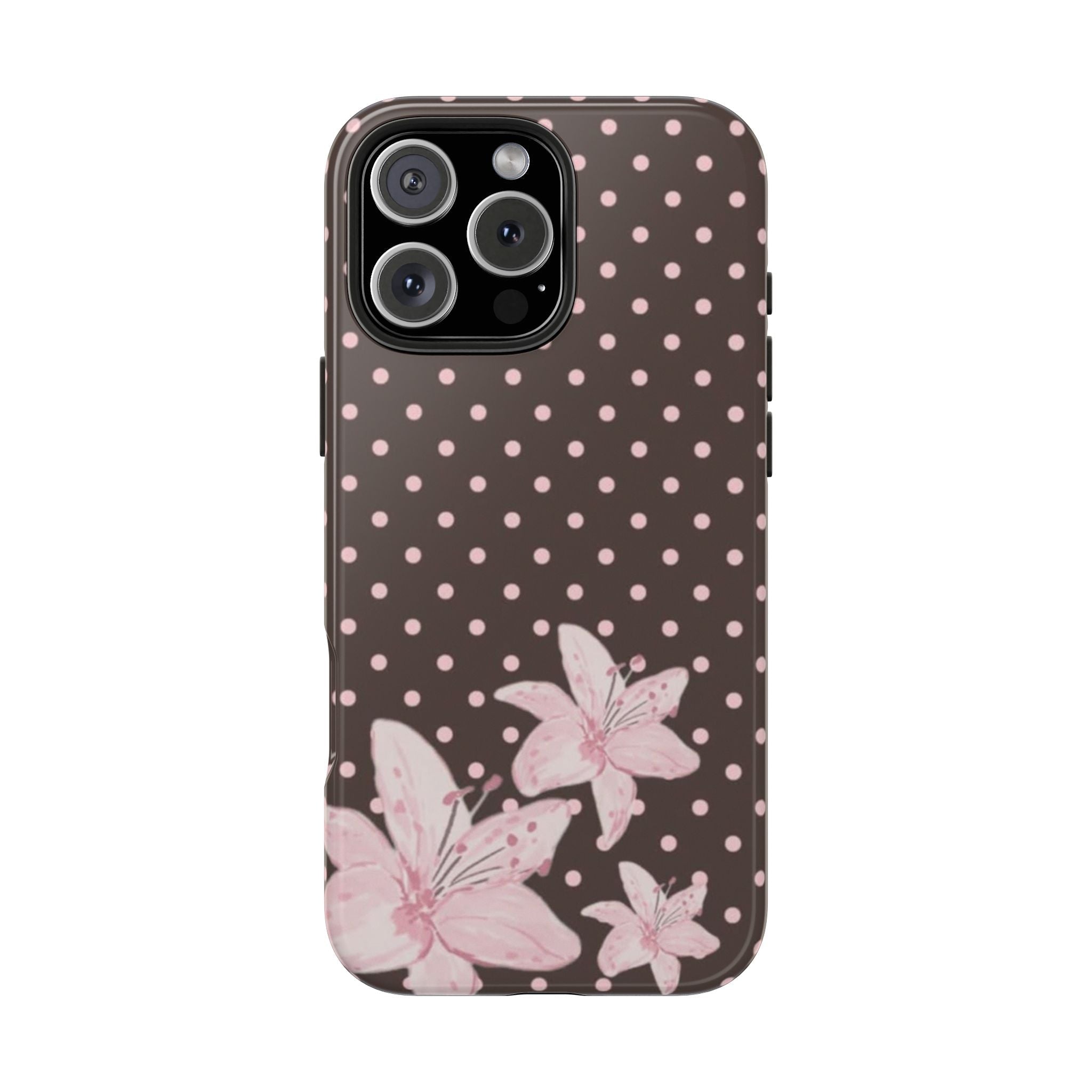 Dark brown phone case with pink dot pattern and pink flowers; camera cutouts visible