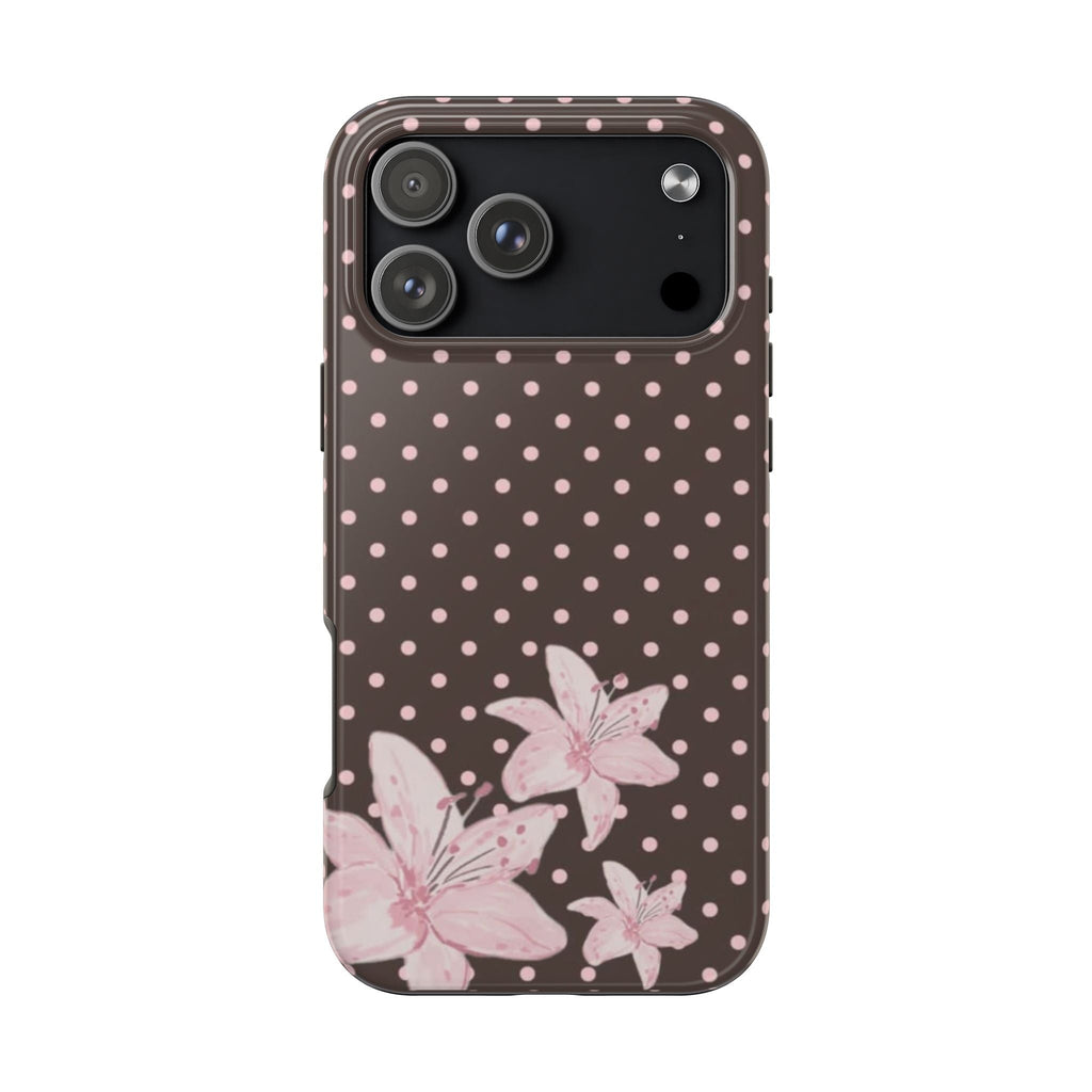 Brown phone case with pink polka dots and soft pink floral butterfly pattern