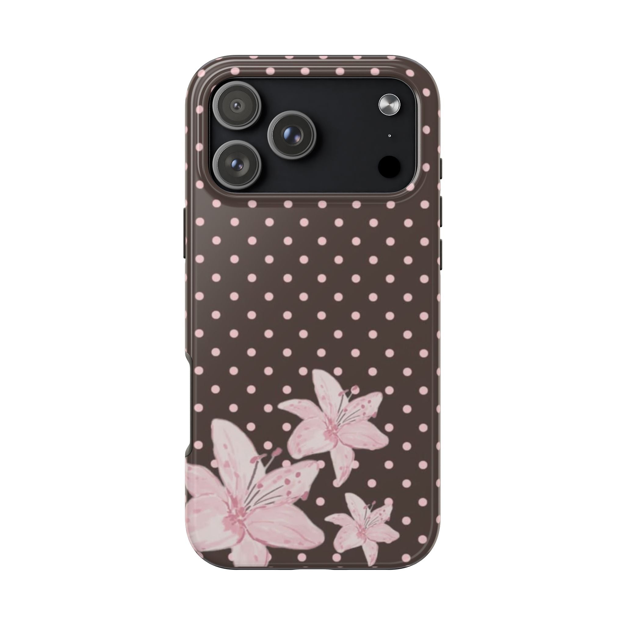 Brown phone case with pink polka dots and soft pink floral butterfly pattern