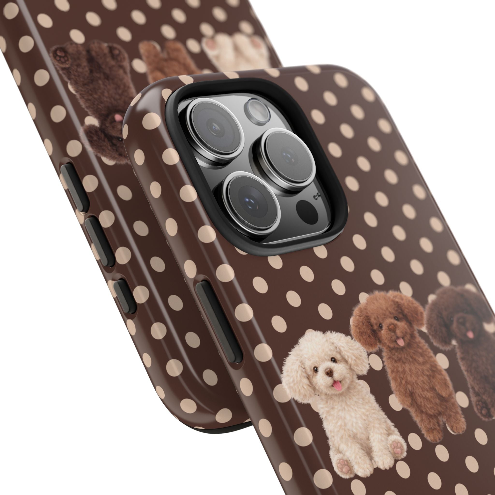 Brown polka-dot puppy phone case, corner and side buttons visible beside dog print